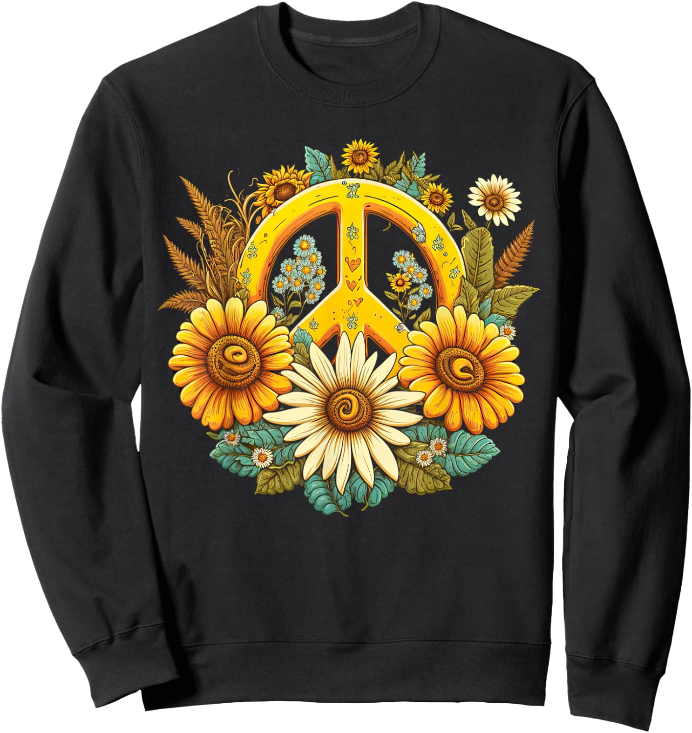 Hippie Daisy Peace Sign Retro Flowers Sunflower Groovy Vibes Sweatshirt - Sweatshirt | Black