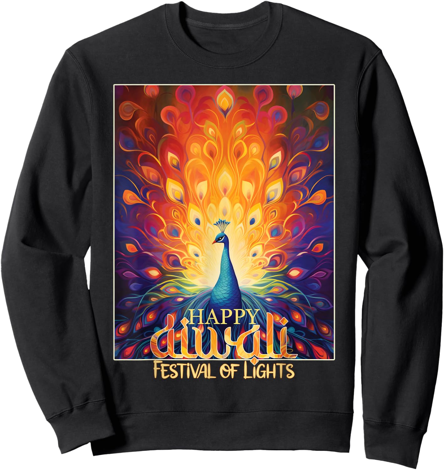 Happy Diwali Festival of Lights Vibrant Peacock Deepavali Sweatshirt - Sweatshirt | Black