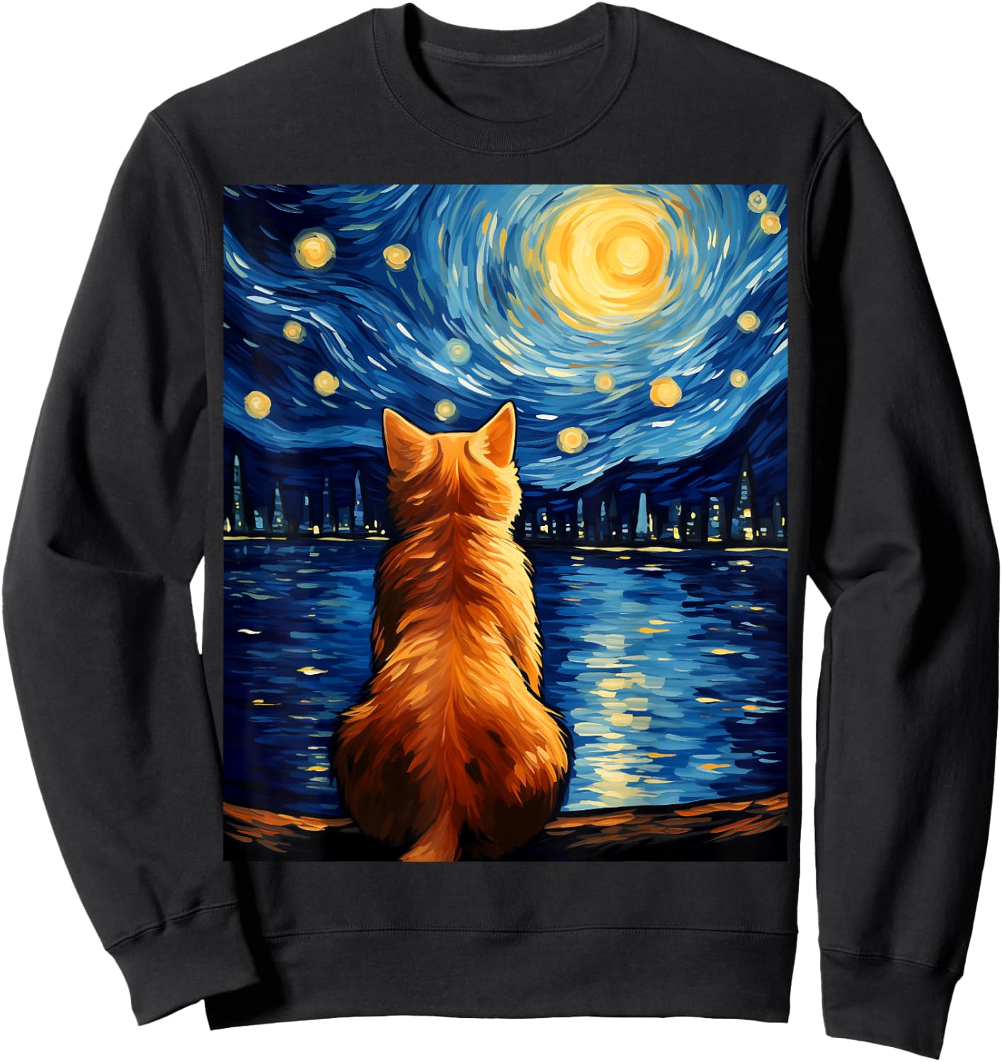 Vincent Van Gogh Starry Night Cat Funny Orange Cat Lover Women Girls Kids Sweatshirt - Sweatshirt | Black