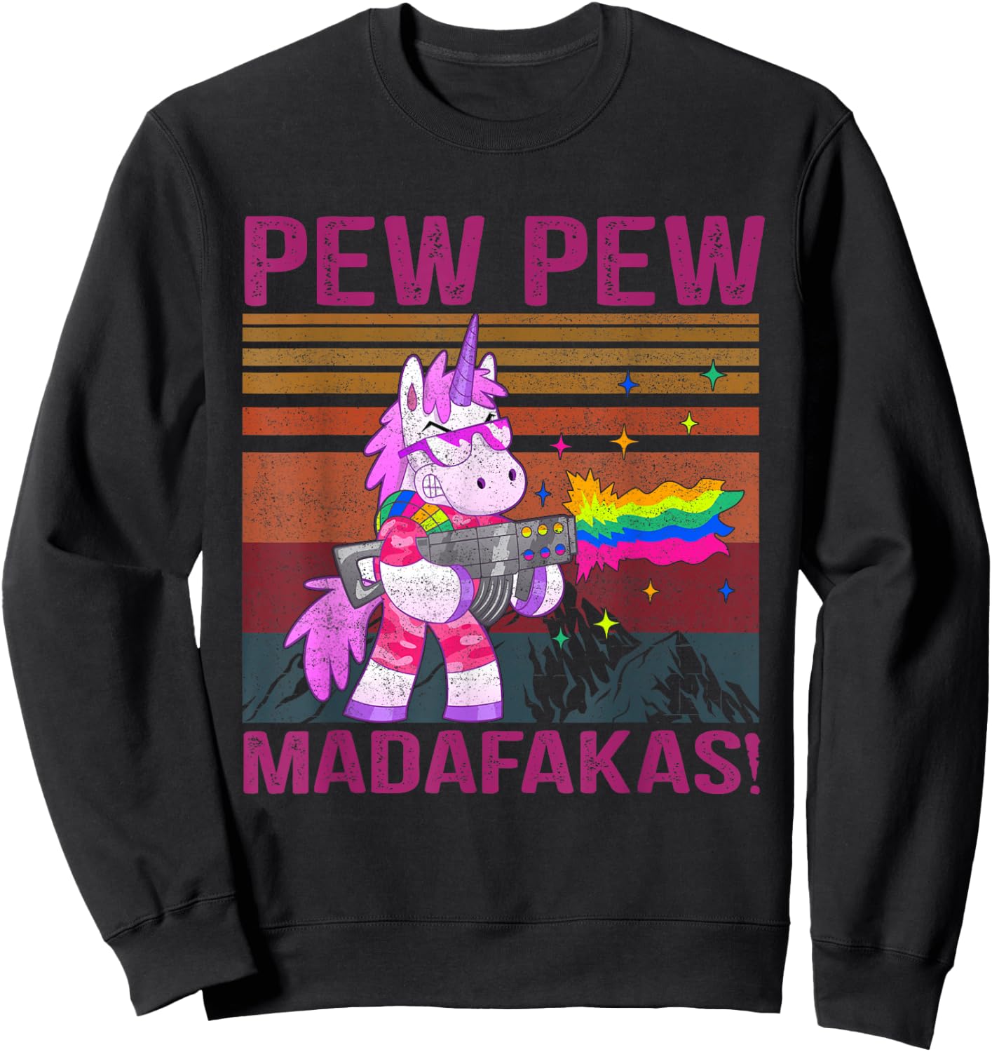 Unicorn Pew Pew Madafaka's Vintage Crazy Cat Funny Graphic Women Sweatshirt - Sweatshirt | Black