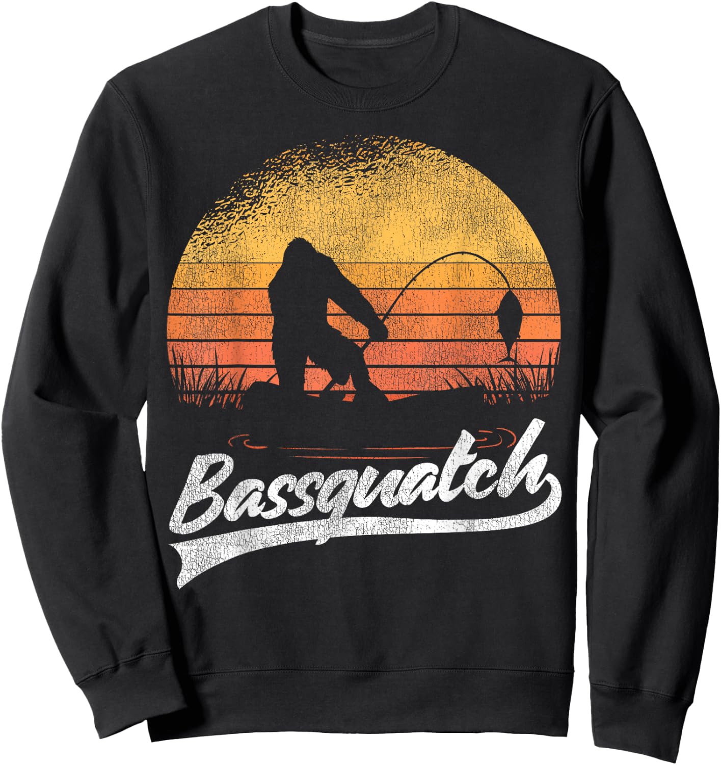 Bigfoot Fishing Retro Sunset Bigfoot Believer Bassquatch Sweatshirt - Sweatshirt | Black