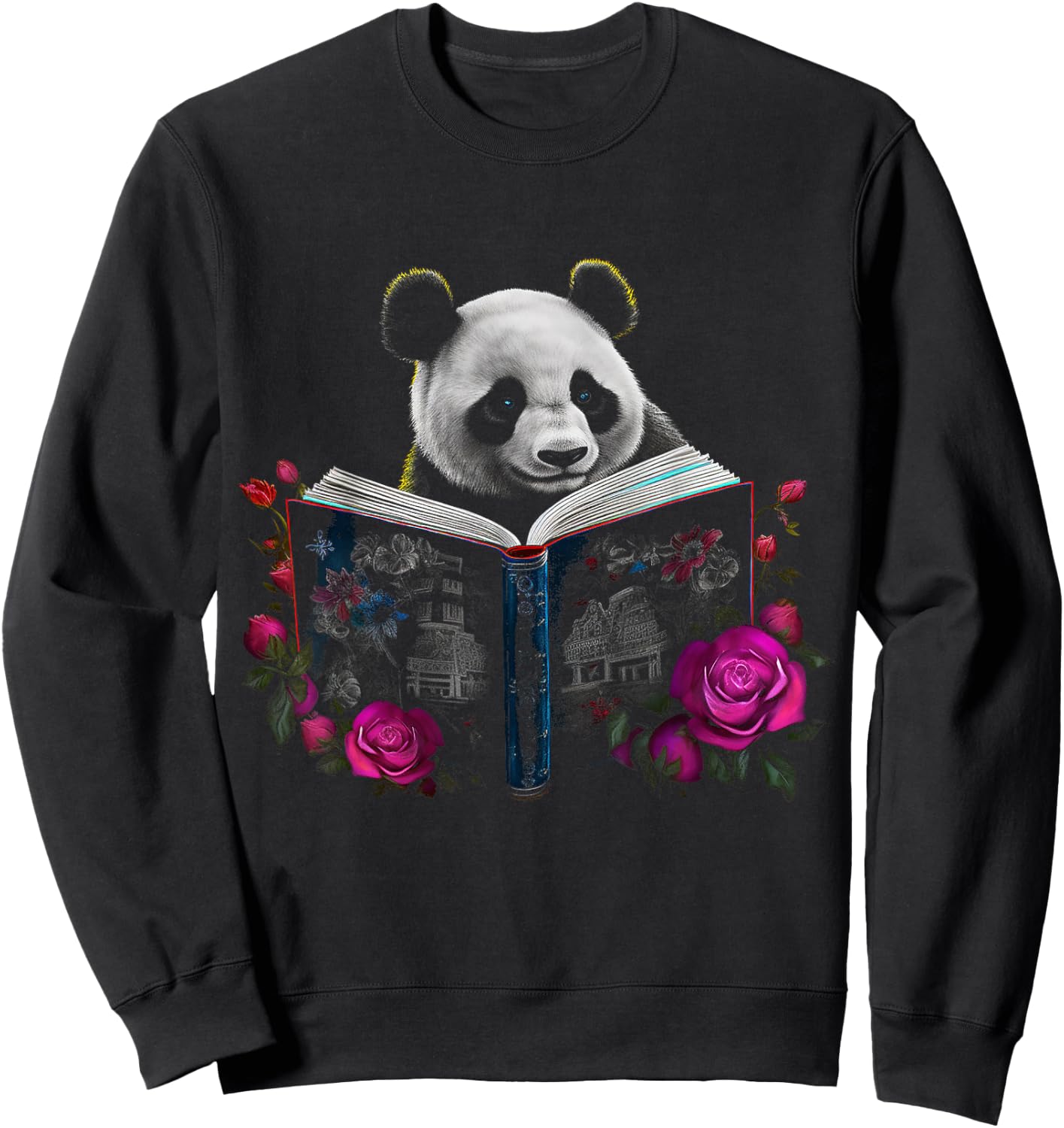Panda reading a Book - Flowers | Animal Rose Motif Panda Sweatshirt - Sweatshirt | Black