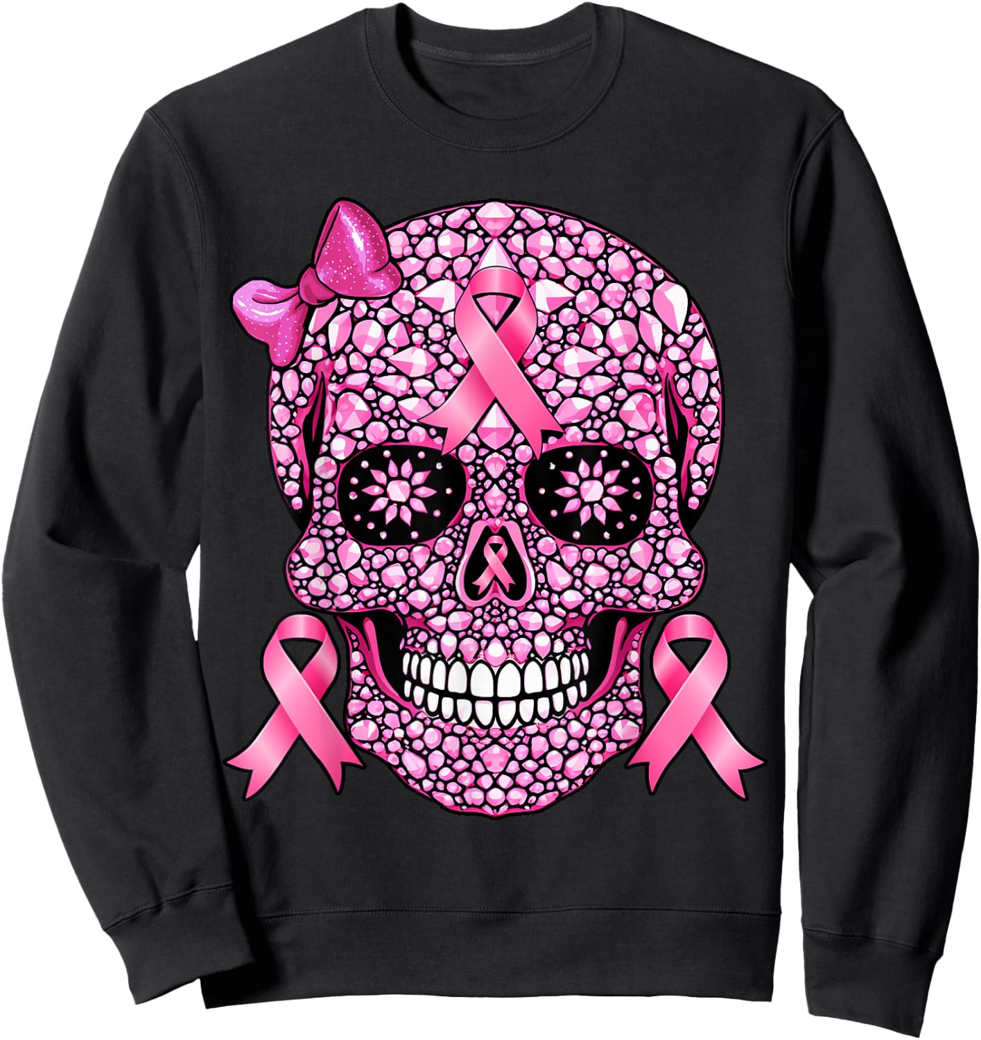 Sugar Skull Pink Ribbon Breast Cancer Awareness Girls Women Sweatshirt - Sweatshirt | Black