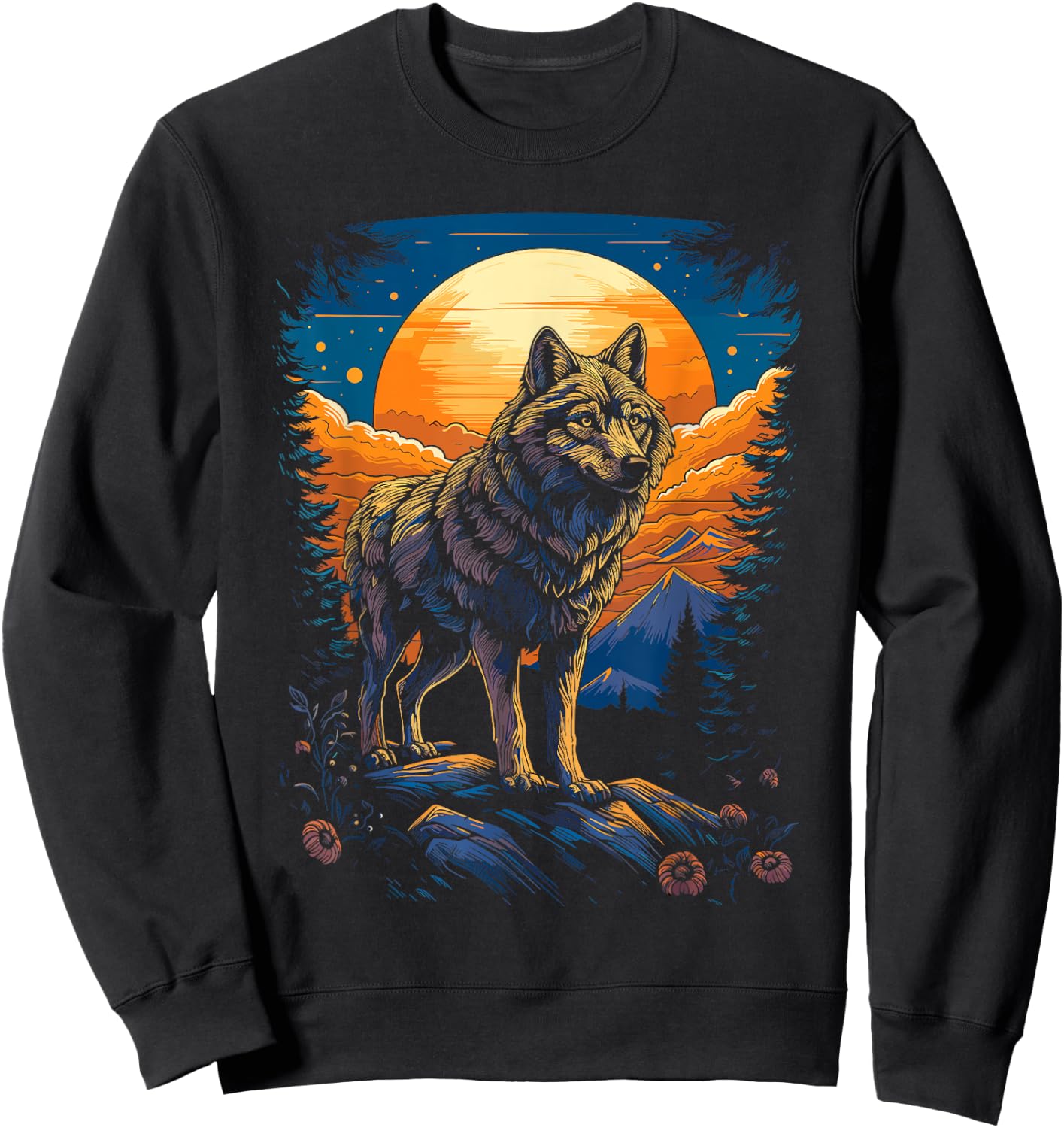 Wolf and Moon, Forest, Nature Art Women, Men Sweatshirt - Sweatshirt | Black