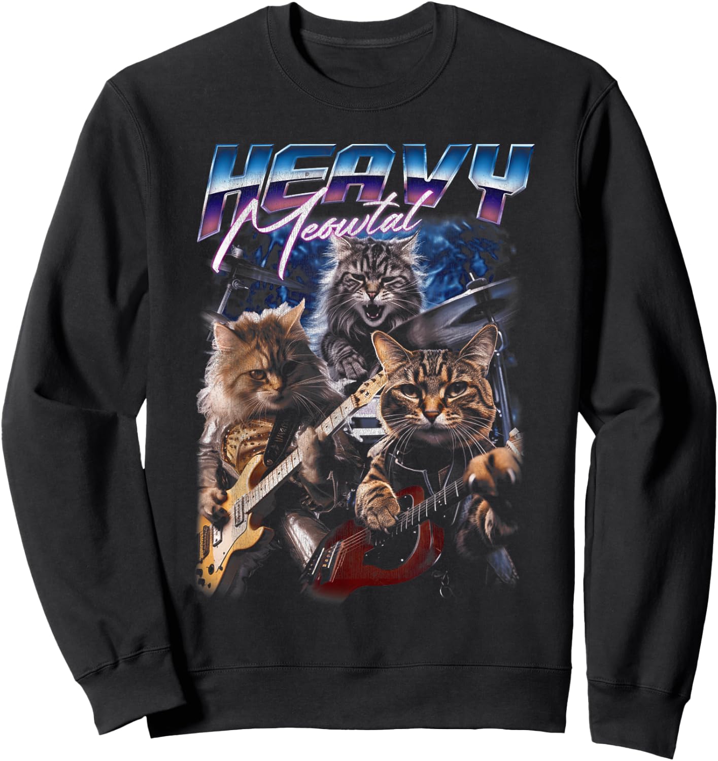 Heavy Meowtal Distressed Rock Cat Playing Guitar Music Bands Sweatshirt - Sweatshirt | Black