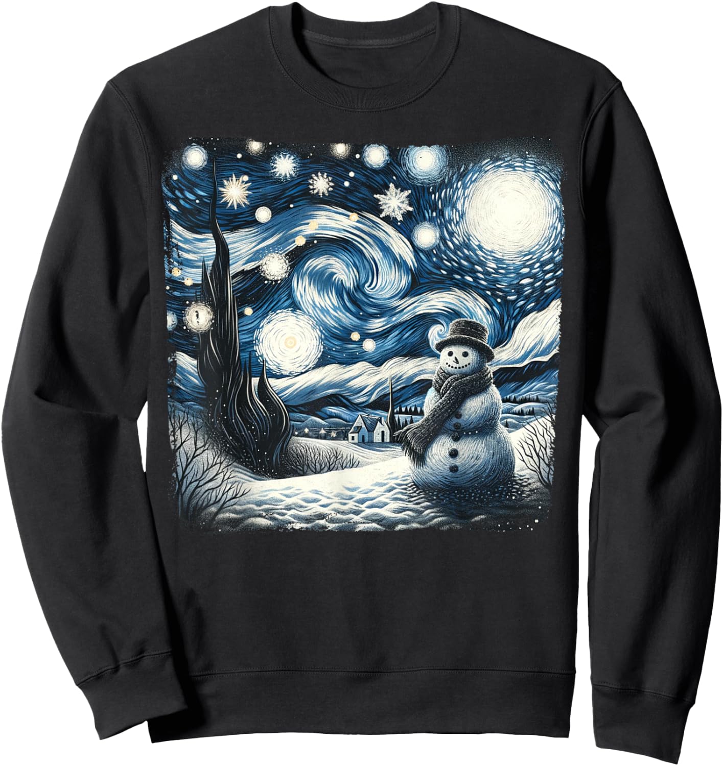 Van Gogh Starry Night Christmas Snowman Winter Snowy Night Sweatshirt - Sweatshirt | Black