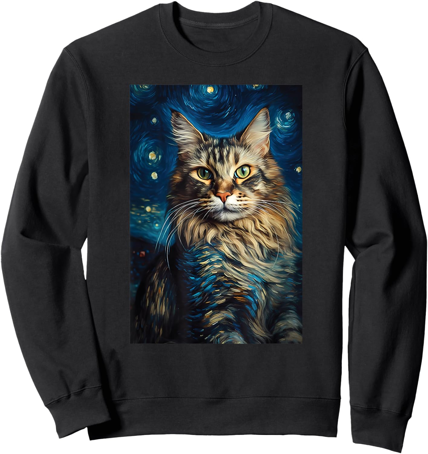 Maine Coon cat painting kitten Van Gogh art Starry Night sky Men Women Kids Sweatshirt - Sweatshirt | Black