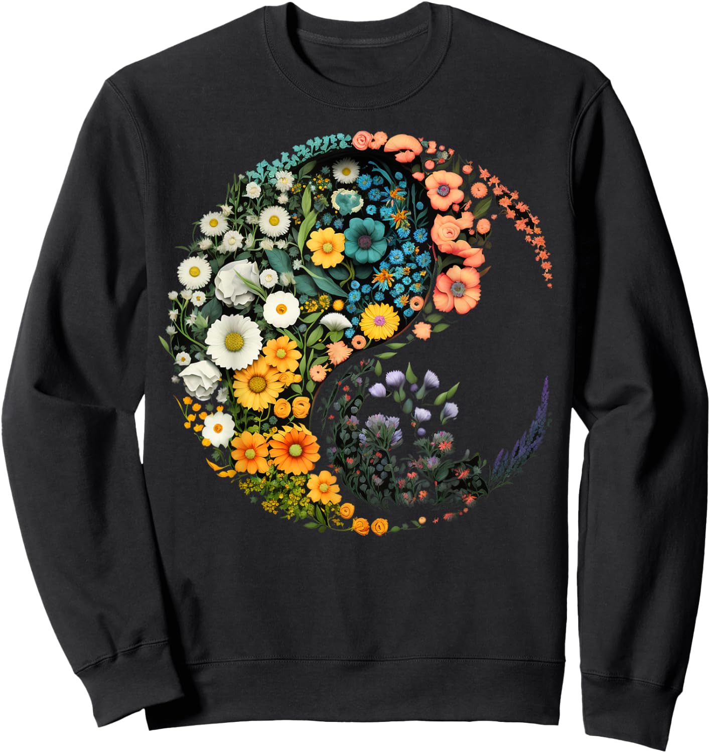 Flower Taoism Yin Yang Symbol on Zen Taijitu Yin Yang Sweatshirt - Sweatshirt | Black