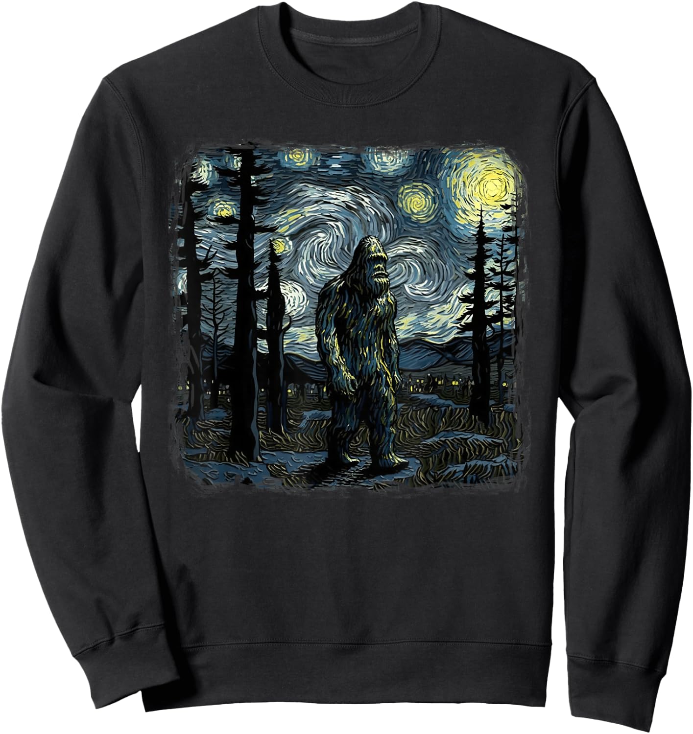 Bigfoot Starry Night Sasquatch Van Gogh Sky Painting Art Sweatshirt - Sweatshirt | Black