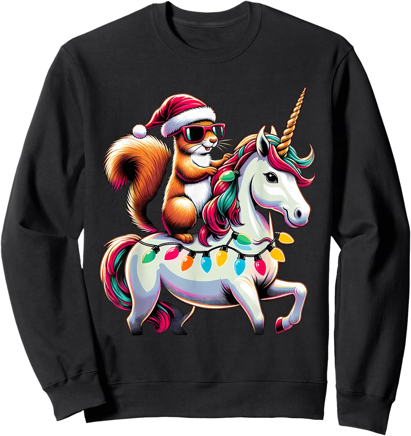 Christmas Lights Squirrel Riding Unicorn Sweatshirt - Sweatshirt | Black