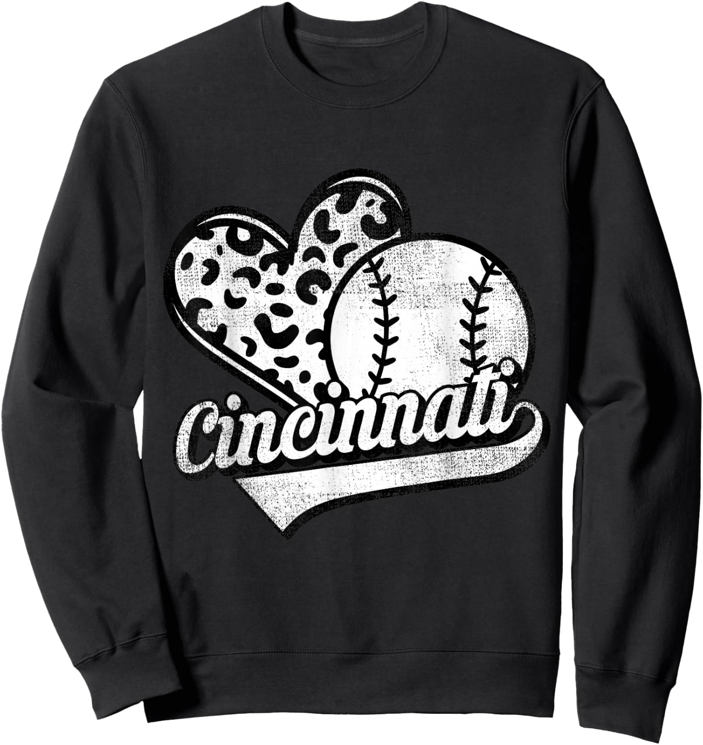 Vintage Cincinnati Baseball Leopard Heart Baseball Fans Sweatshirt - Sweatshirt | Black