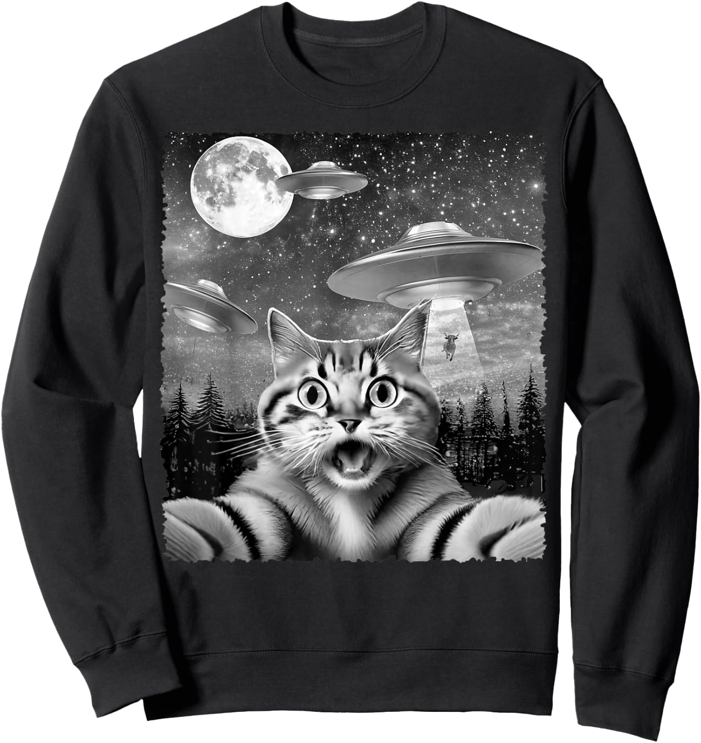 Funny Alien Cat Selfie with UFOs Gift Men Women Kids Sweatshirt - Sweatshirt | Black