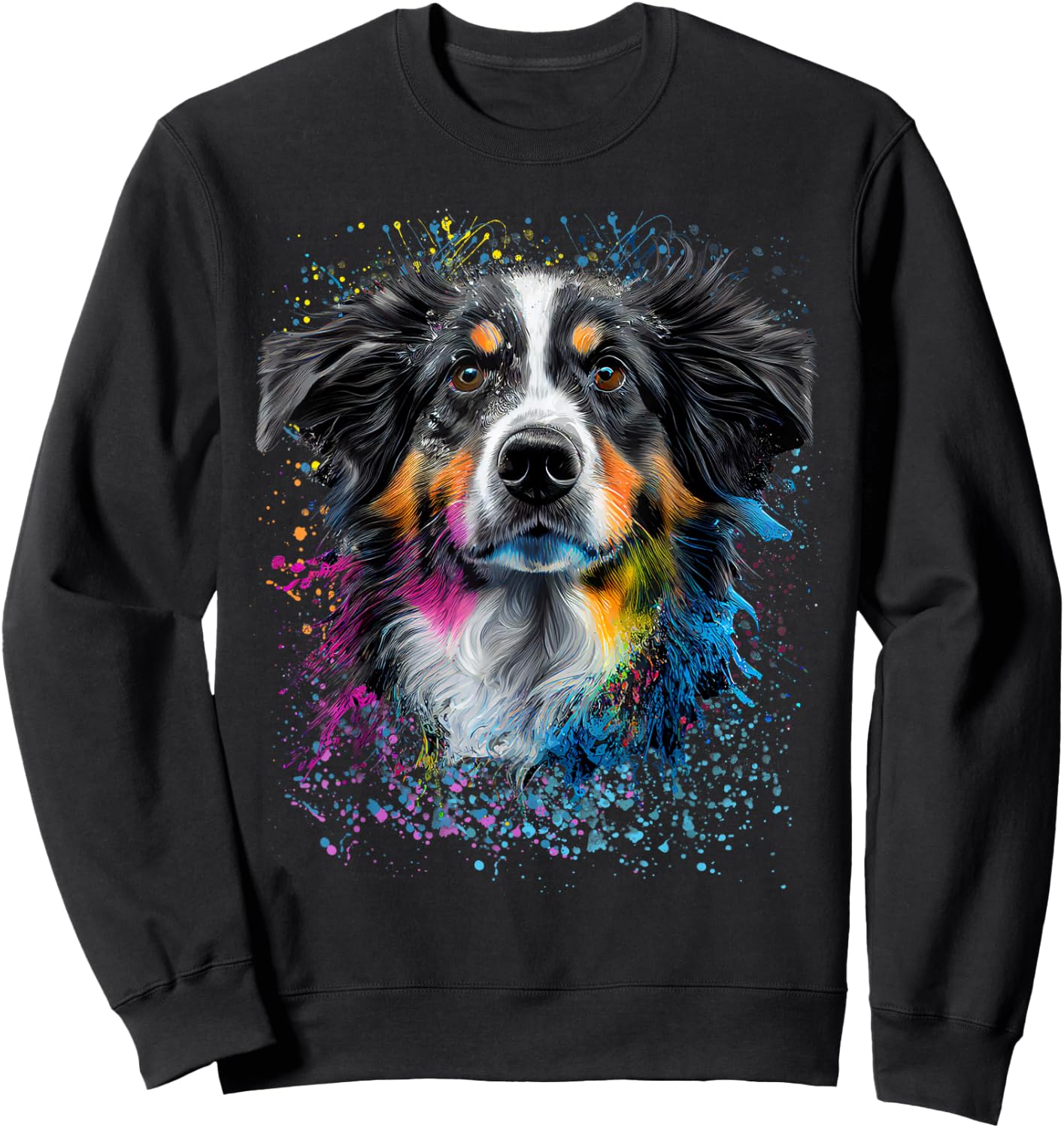 Colorful Splash Art Australian Shepherd Portrait Puppy Sweatshirt - Sweatshirt | Black