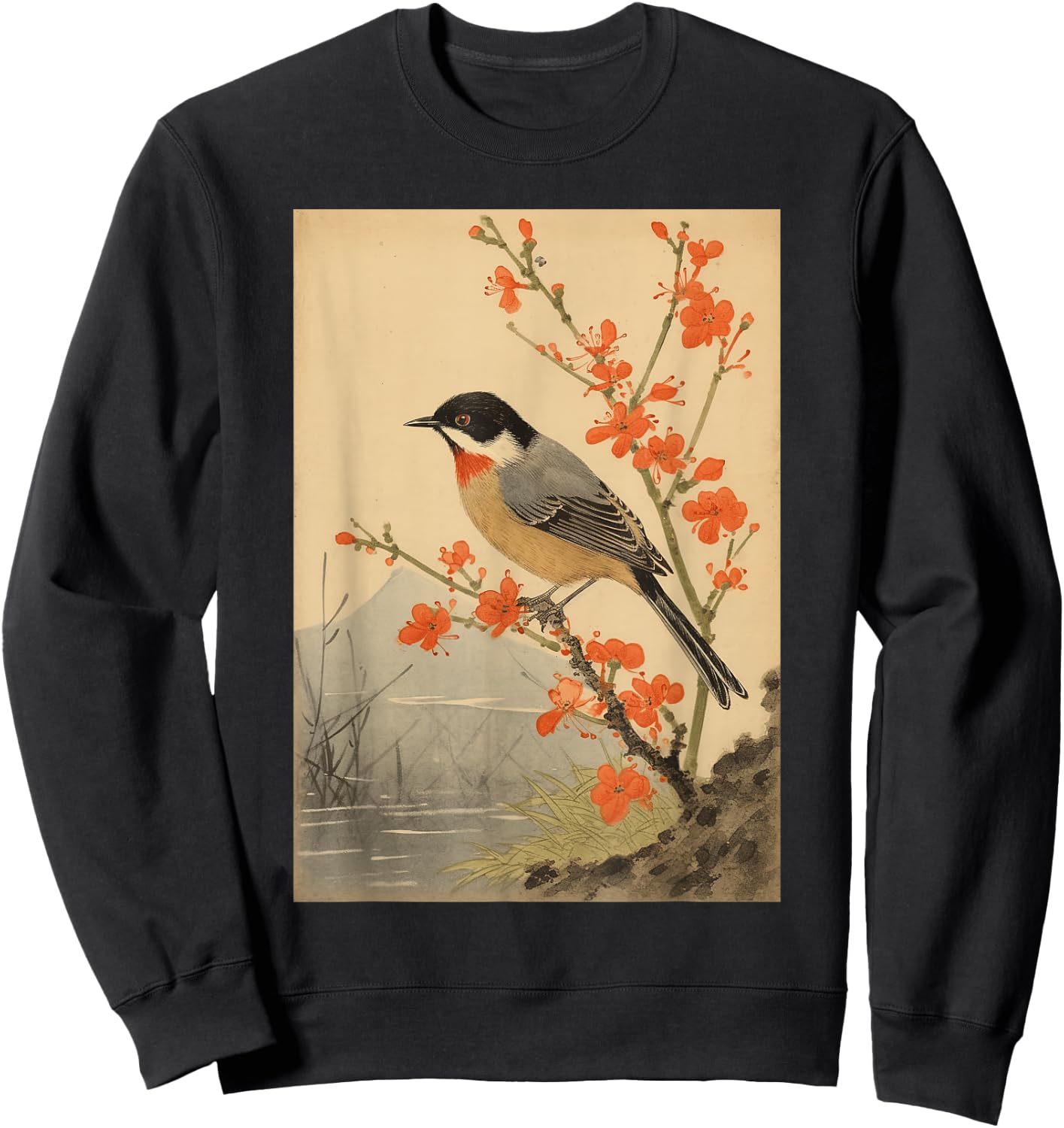 Japanese Woodblock Art - Vintage Songbird Beauty Sweatshirt - Sweatshirt | Black