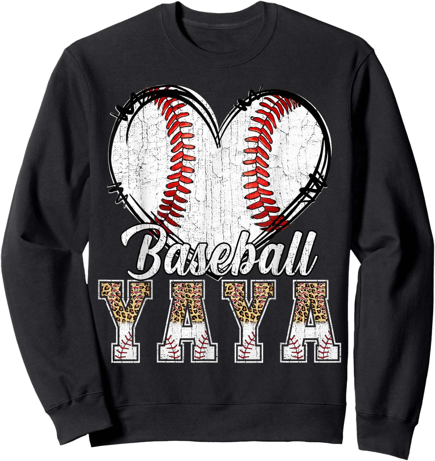 Softball Baseball Yaya Heart Leopard Print Mother's Day Sweatshirt - Sweatshirt | Black
