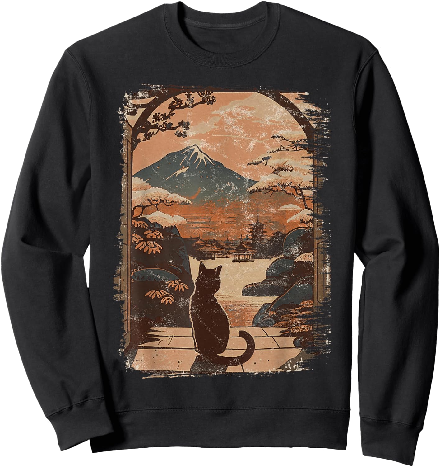 Japanese Cat with Landscape and Mountain Sweatshirt - Sweatshirt | Black