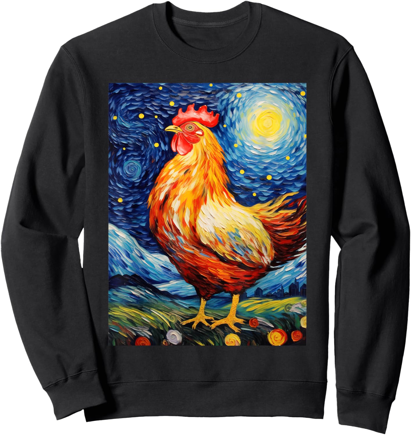 Chicken Starry Night Van Gogh Style Graphic Sweatshirt - Sweatshirt | Black