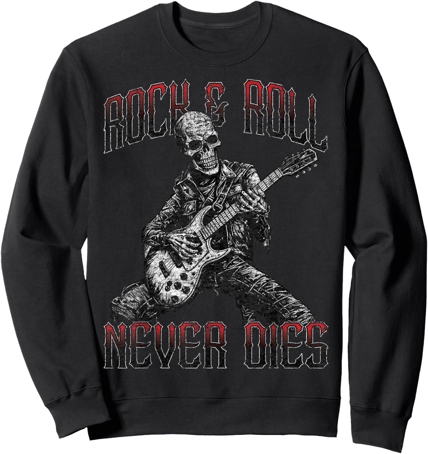 Rock and Roll Never Dies Skeleton Vintage ROCK Music Sweatshirt - Sweatshirt | Black