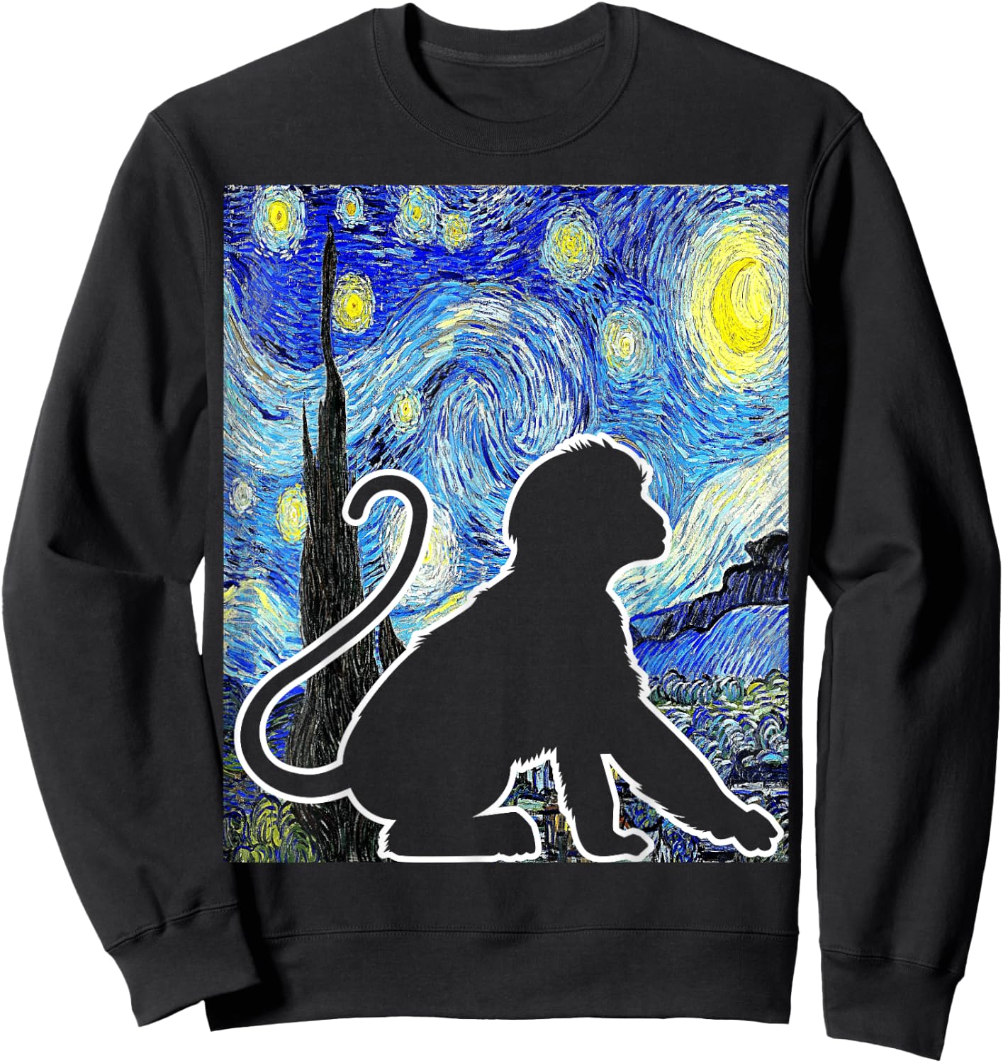 Funny Monkey Van Gogh Famous Painting Monkey Starry Night Monkey Lover - Black, -Adults & Kids, Short Sleeve, Classic Fit, , Small Sweatshirt - Sweatshirt | Black