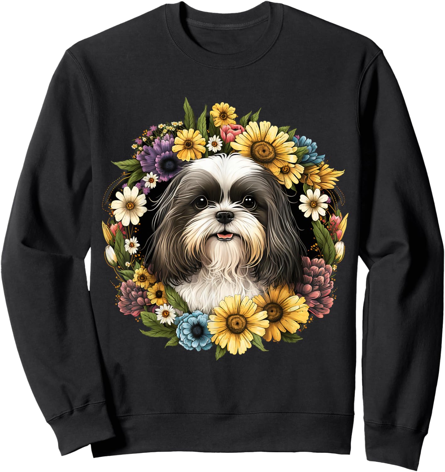 Sunflower Hippie Floral Shih Tzu Dog Men Women Kids Sweatshirt - Sweatshirt | Black