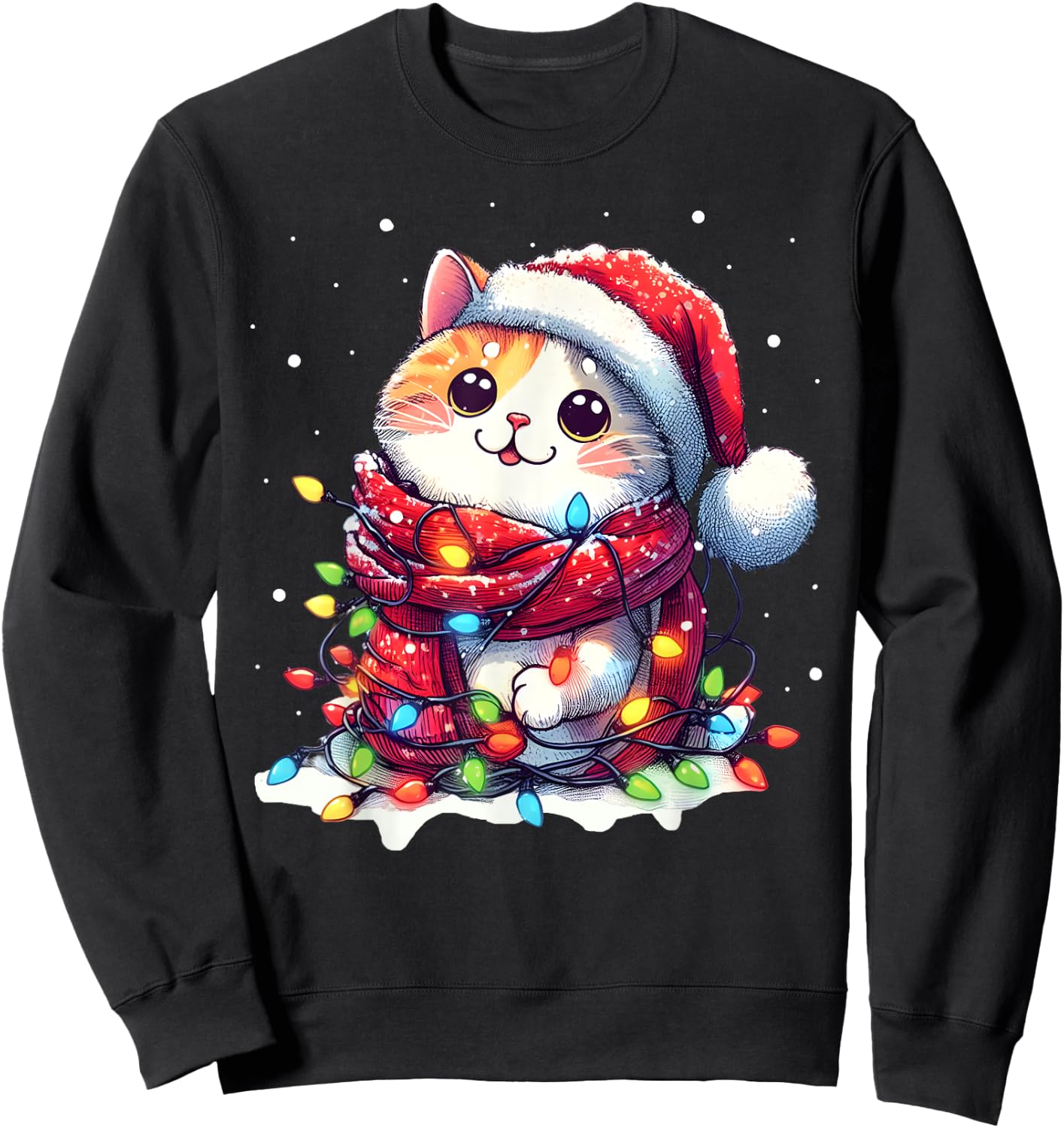 Funny Santa Cat Tangled Up in Christmas Lights Holiday Xmas Men Women Kids Sweatshirt - Sweatshirt | Black
