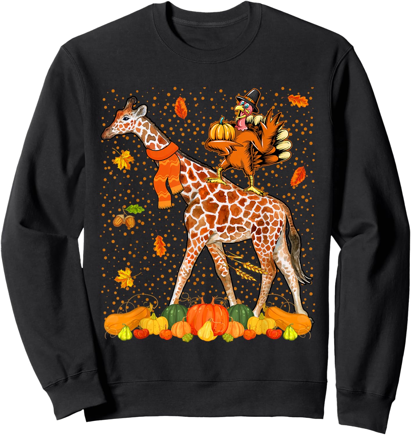 Wild Animal Thanksgiving Costume Thanksgiving Turkey Riding Giraffe With Fall Pumpkins -Adults Black Small Classic Fit Short Sleeve Cotton, Polyester Thanksgiving-themed Sweatshirt - Sweatshirt | Black