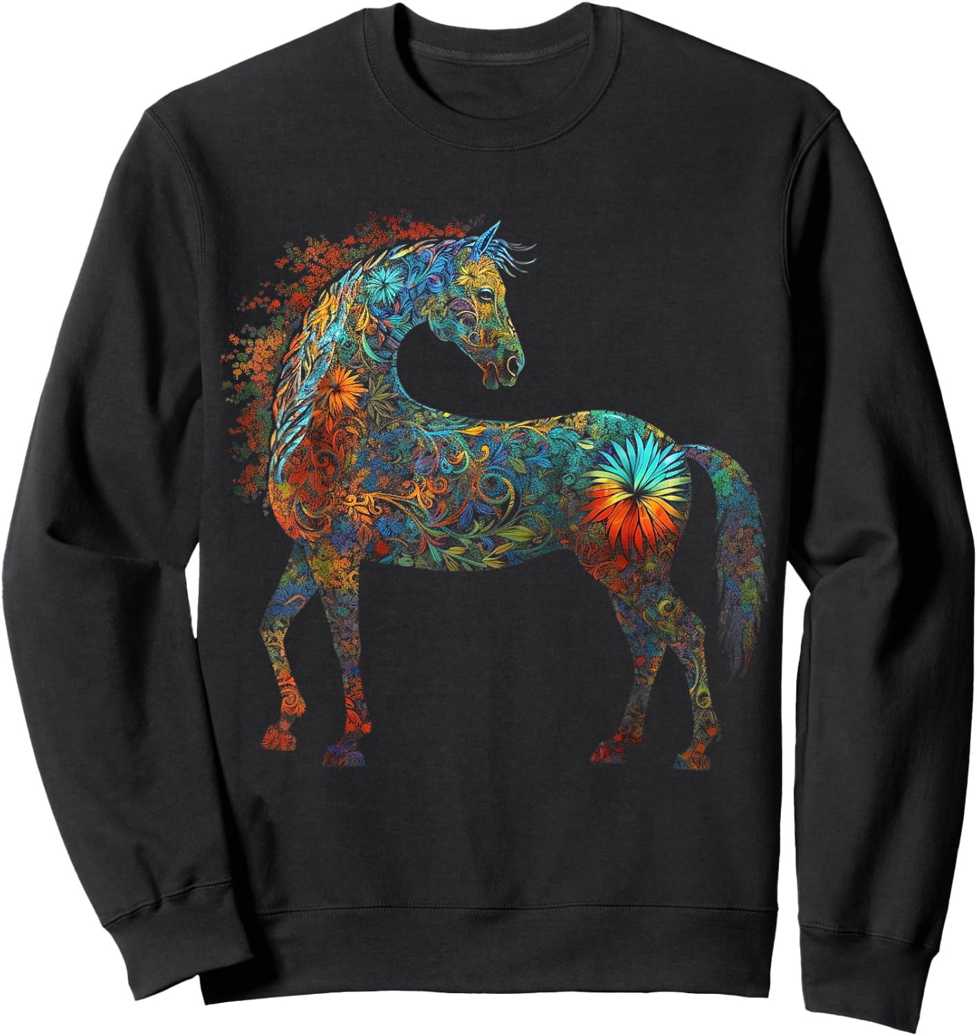 Horse Mandala Lover Artwork | Flowers Animal Motif Horse Sweatshirt - Sweatshirt | Black
