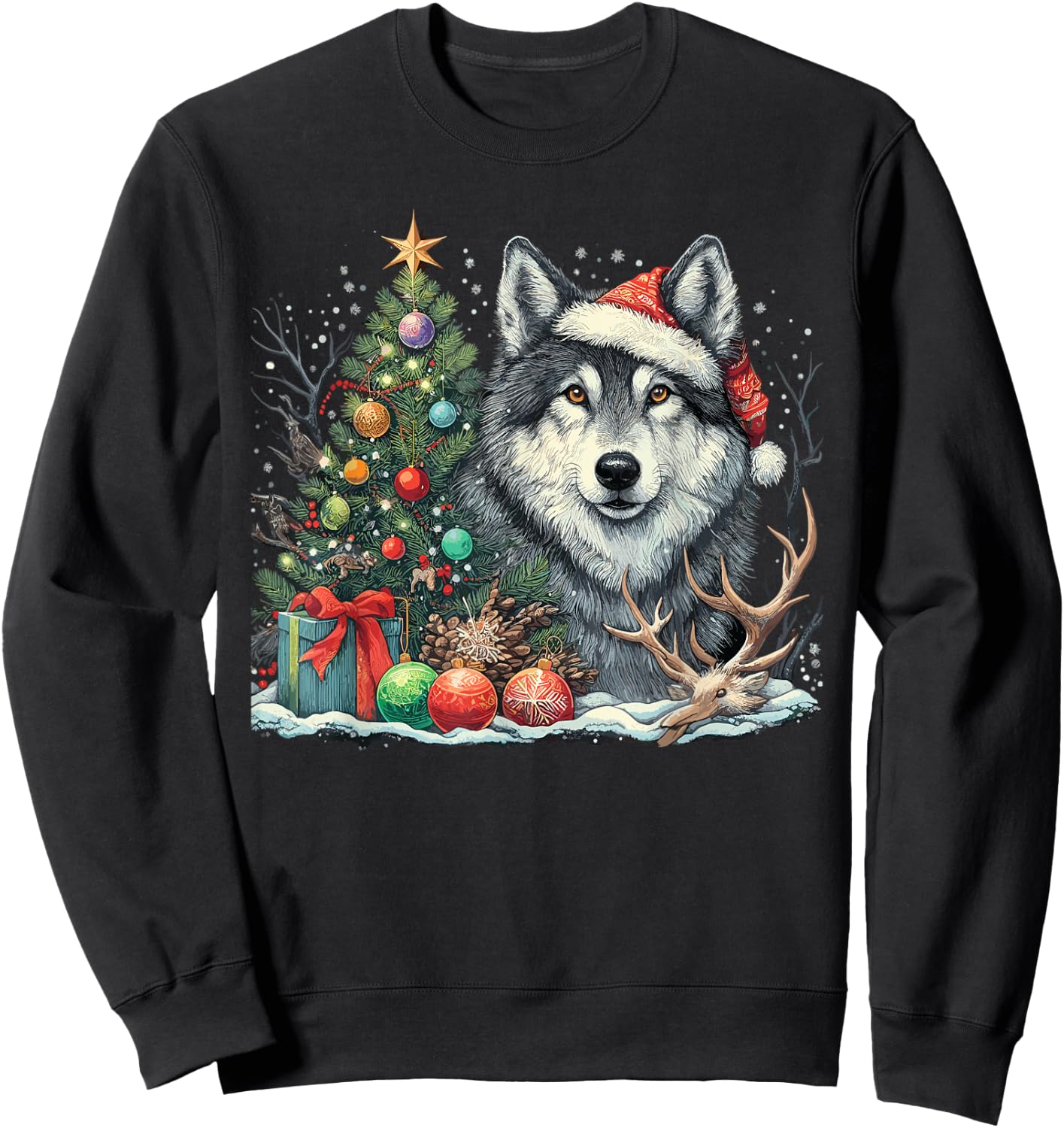 Cute Wolf With Christmas tree Wearing Santa Hat Sweatshirt - Sweatshirt | Black