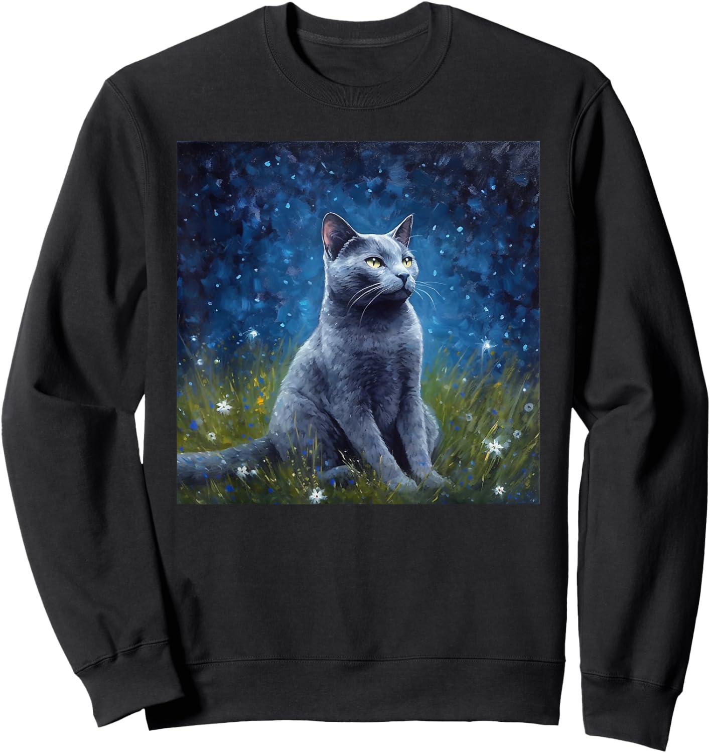 Cute Russian Blue Cat In A Starry Sky Night Painting Sweatshirt - Sweatshirt | Black