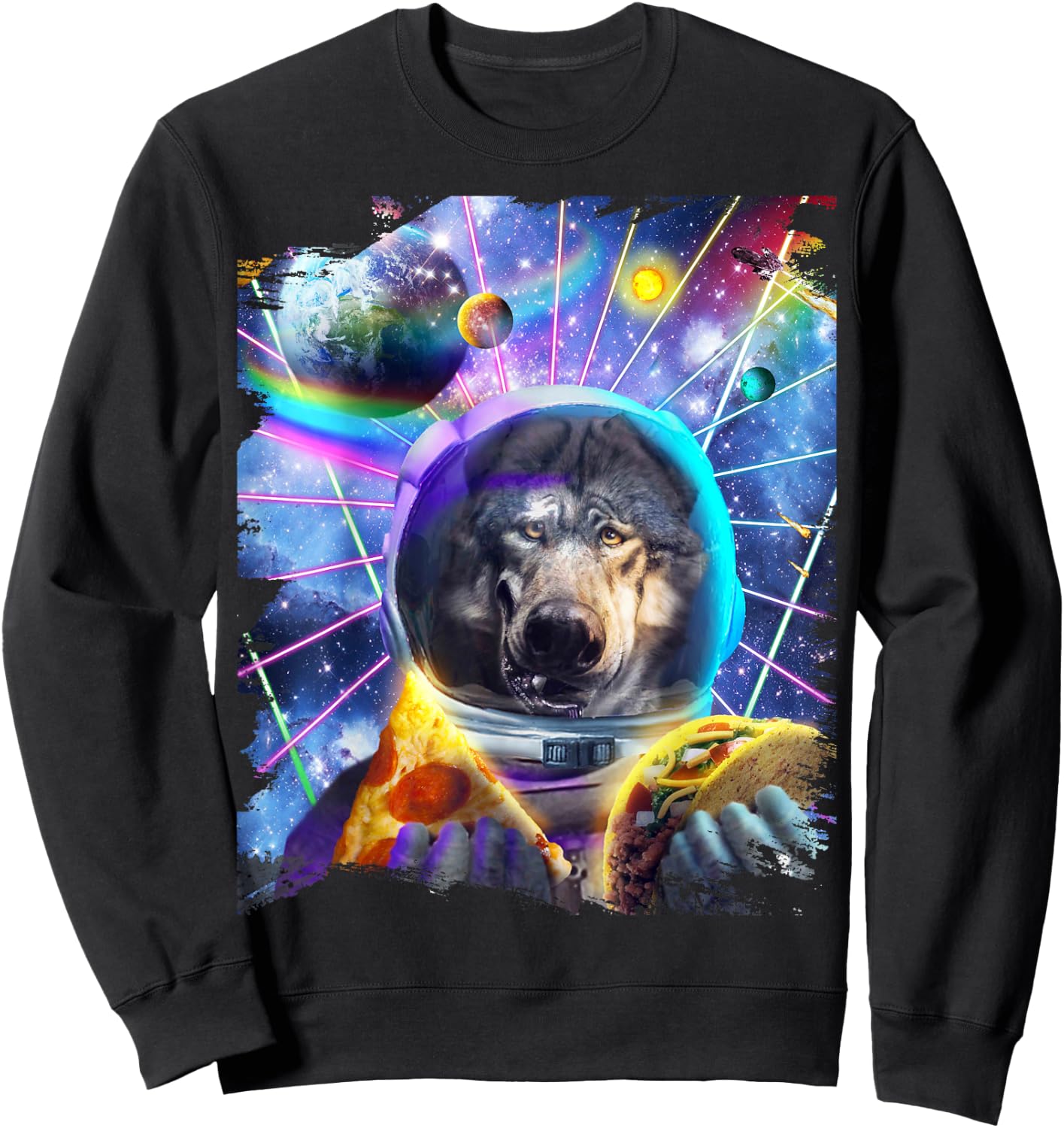 Wolf Astronaut In Space Eating Pizza Taco Sweatshirt - Sweatshirt | Black