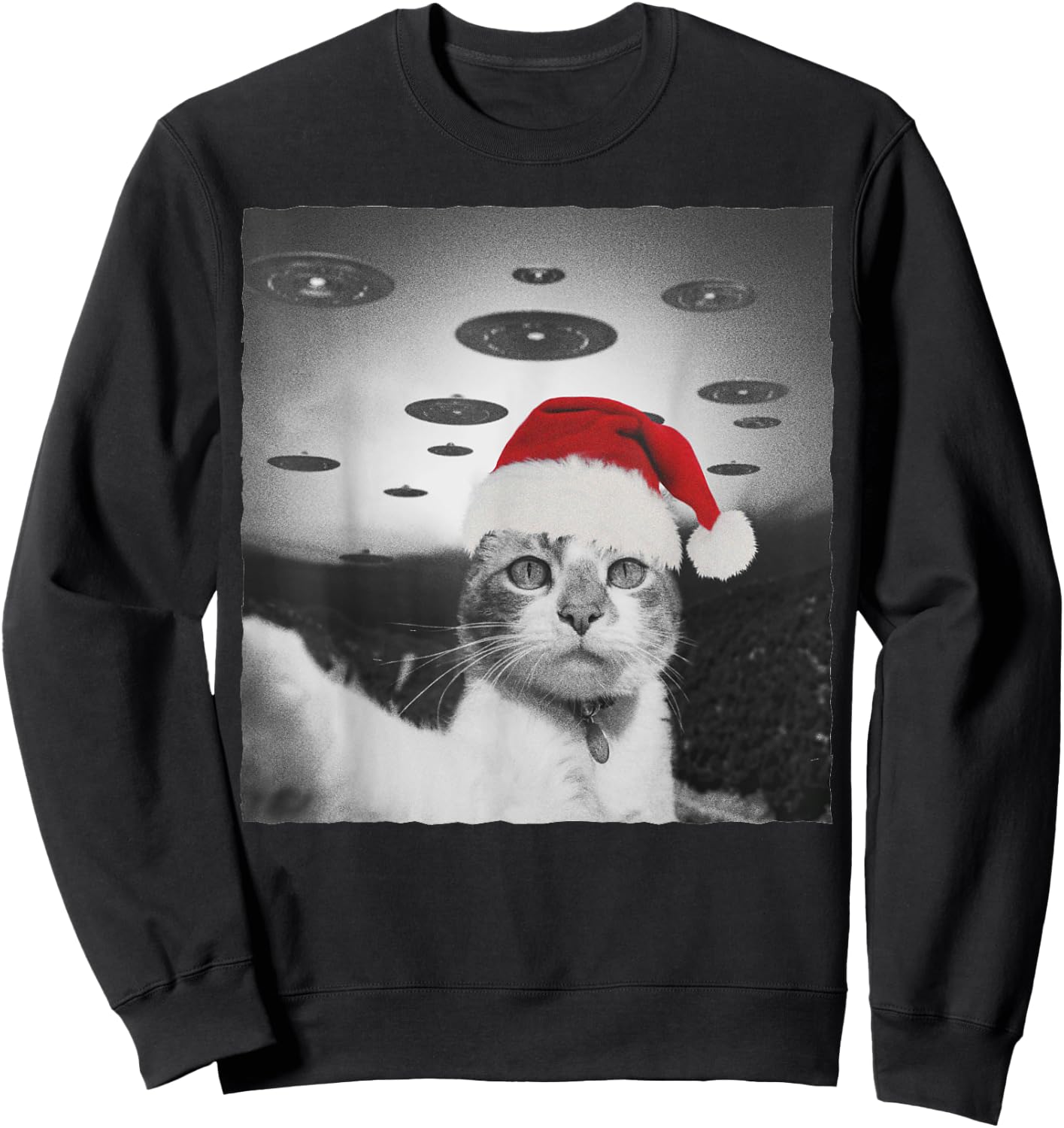 Funny Christmas Cat wear Santa Hat selfie with Alien UFO Men Women Kids Sweatshirt - Sweatshirt | Black
