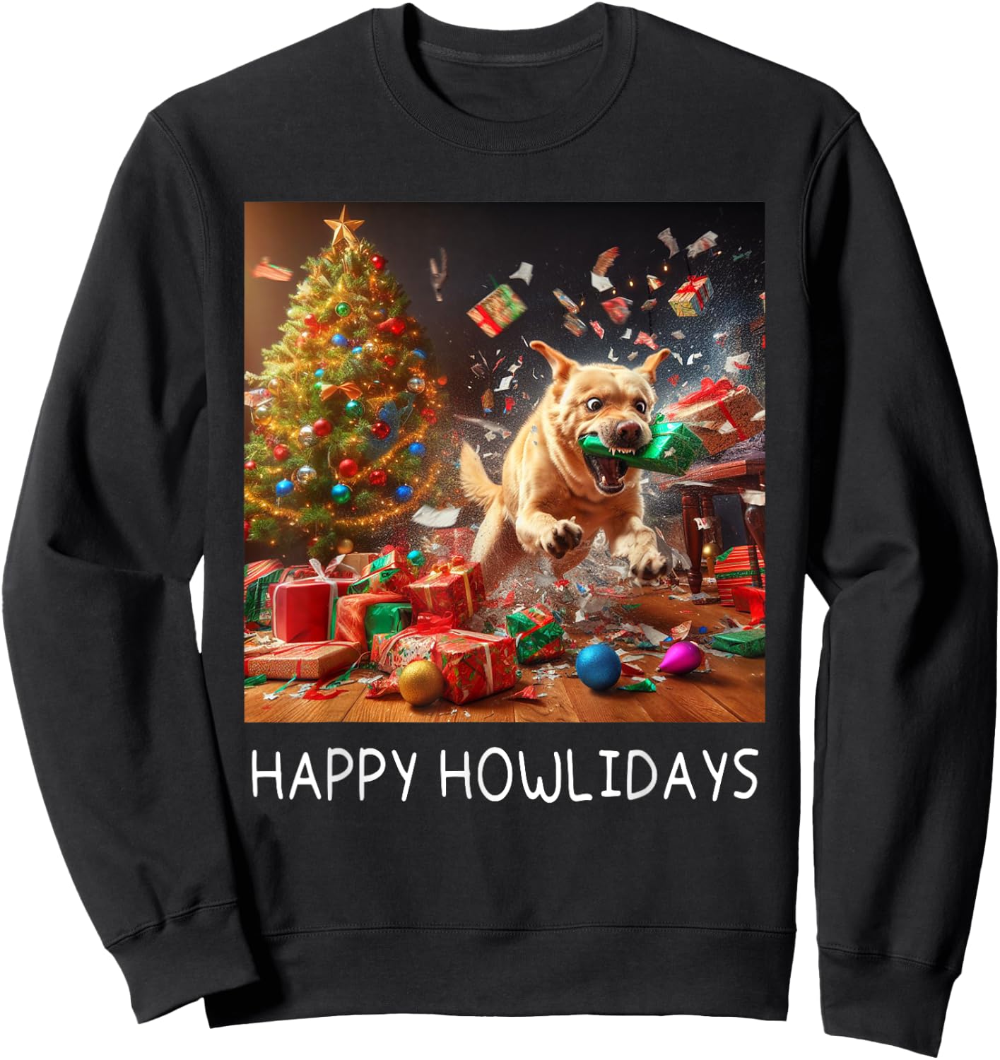 Funny Crazy Chaotic Dog Under The Tree Cute Happy Howlidays Sweatshirt - Sweatshirt | Black