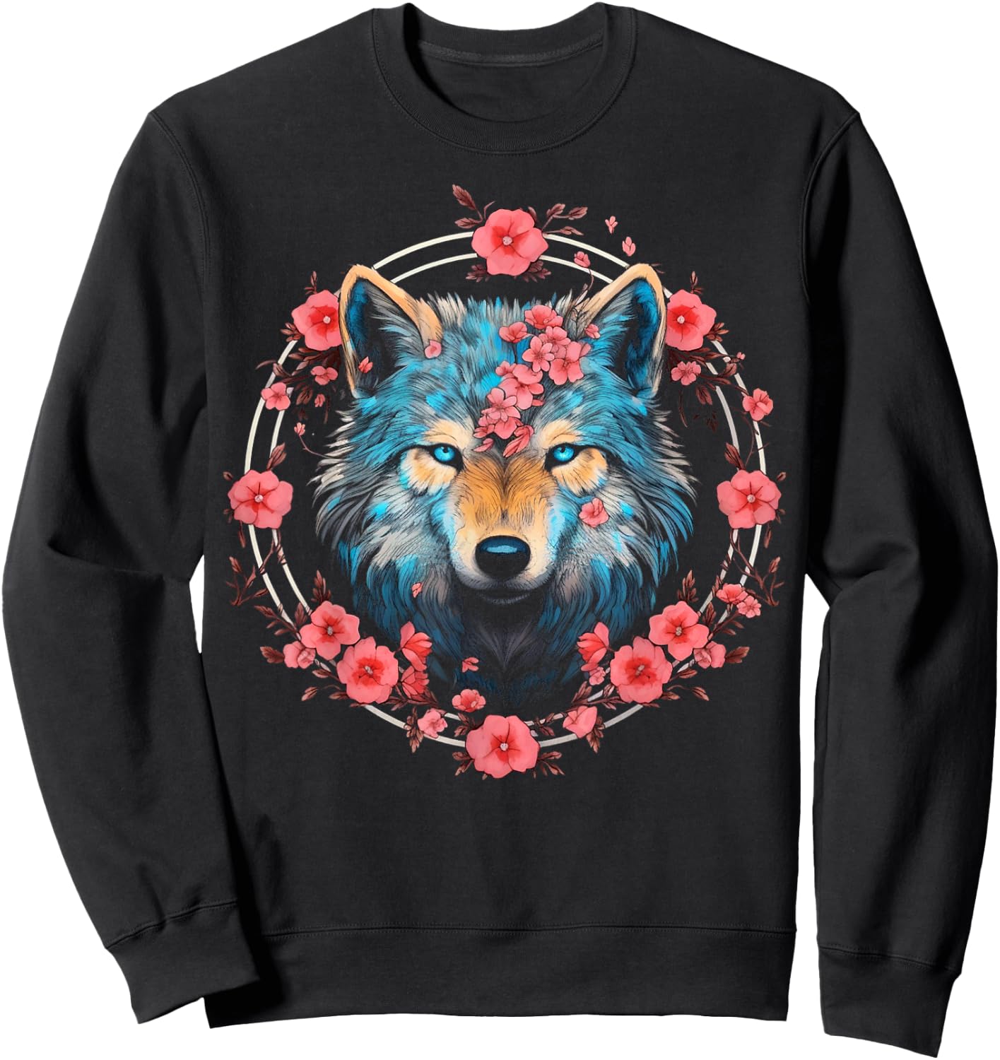 Wolf Blue Eyes Artwork | Cherry Blossoms Wolf Sweatshirt - Sweatshirt | Black