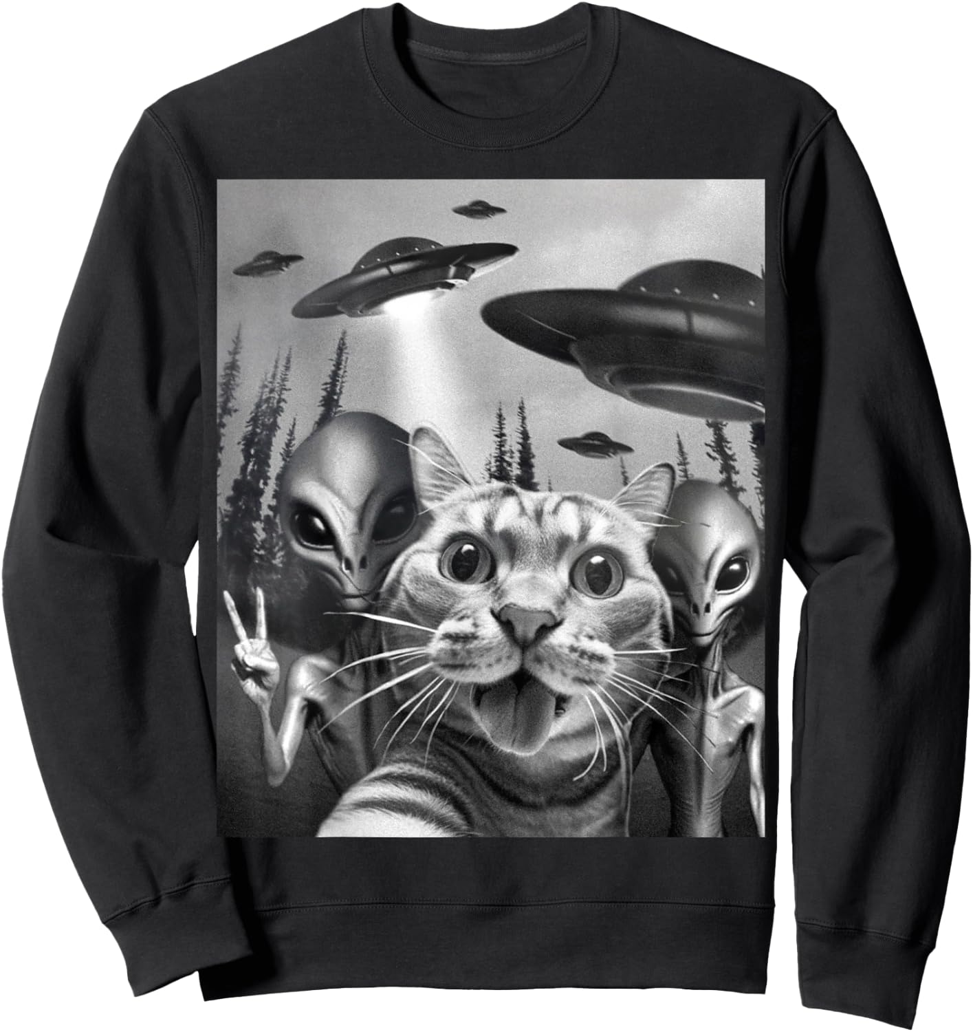 Funny Cat Selfie with UFOs Peace Sign Alien Cat UFO Invasion Sweatshirt - Sweatshirt | Black