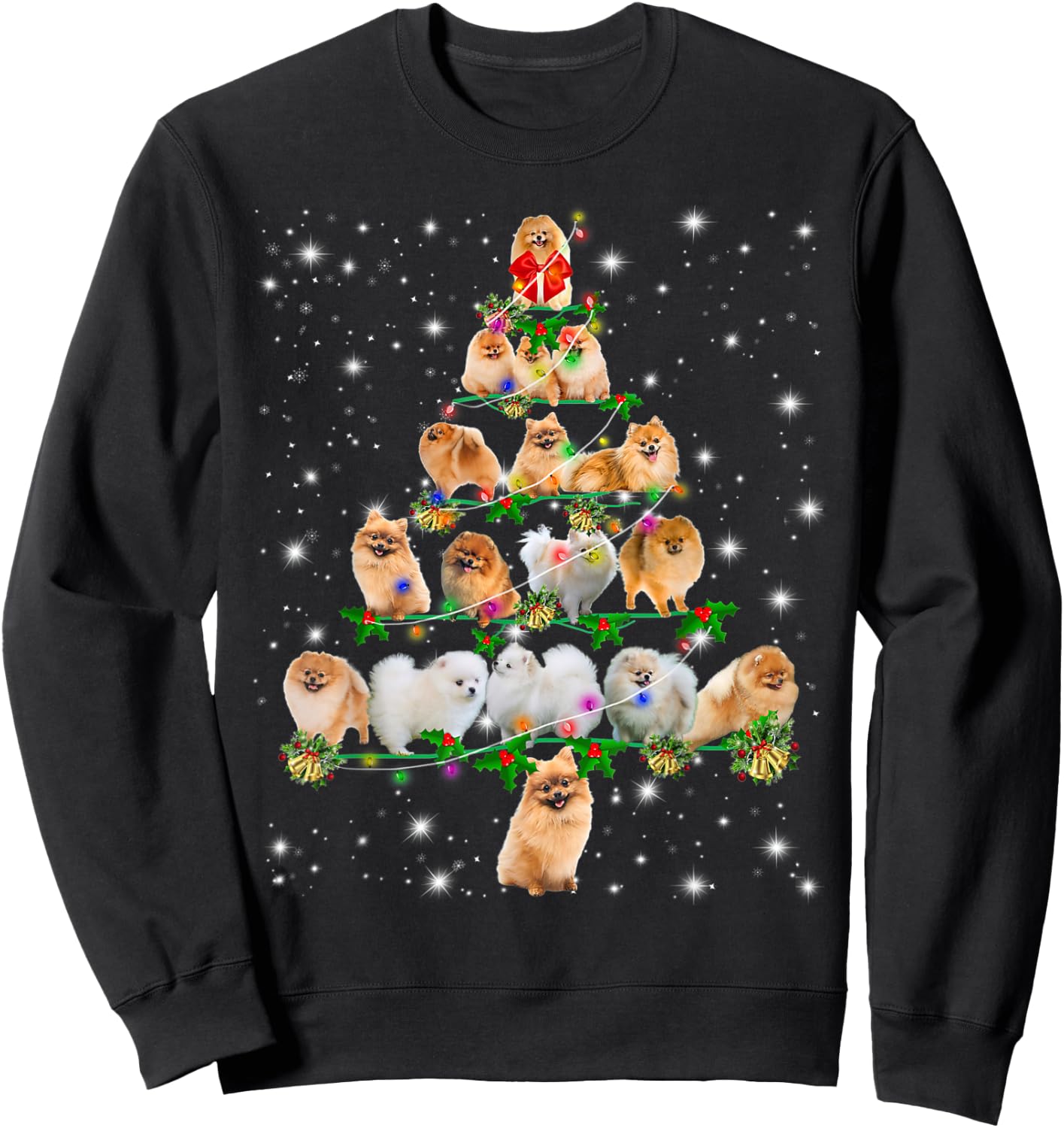 Pomeranian Christmas Tree Lights Funny Lover Dog Pajamas Women Kids Sweatshirt - Sweatshirt | Black