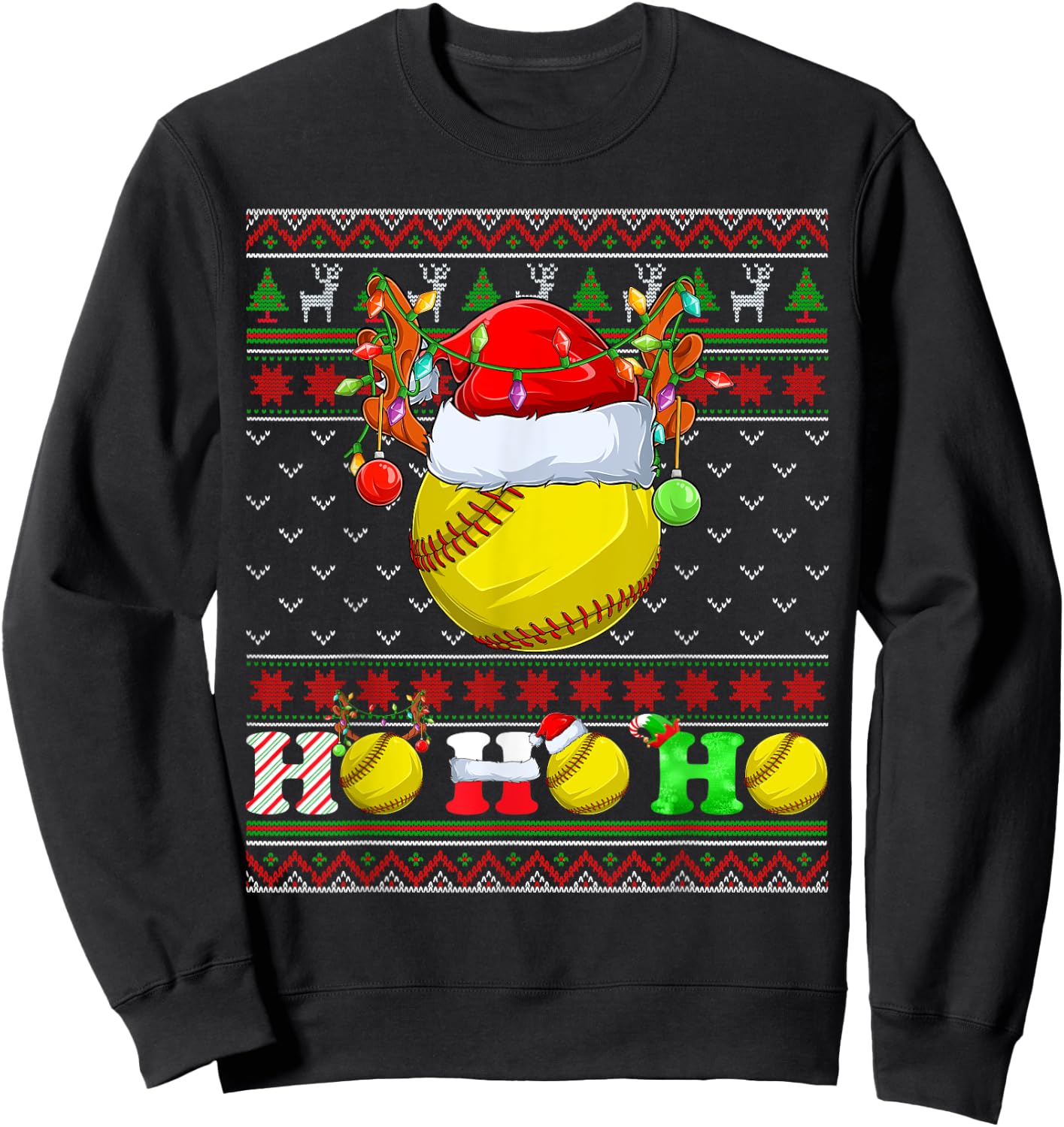 Funny Softball Ball Xmas Tree Lights Ugly Christmas Sweater Sweatshirt - Sweatshirt | Black