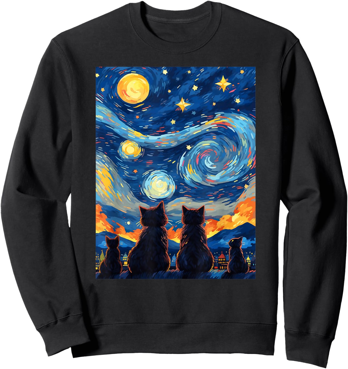 black cats Painting art Starry Night kitty kitten Van Gogh Sweatshirt - Sweatshirt | Black