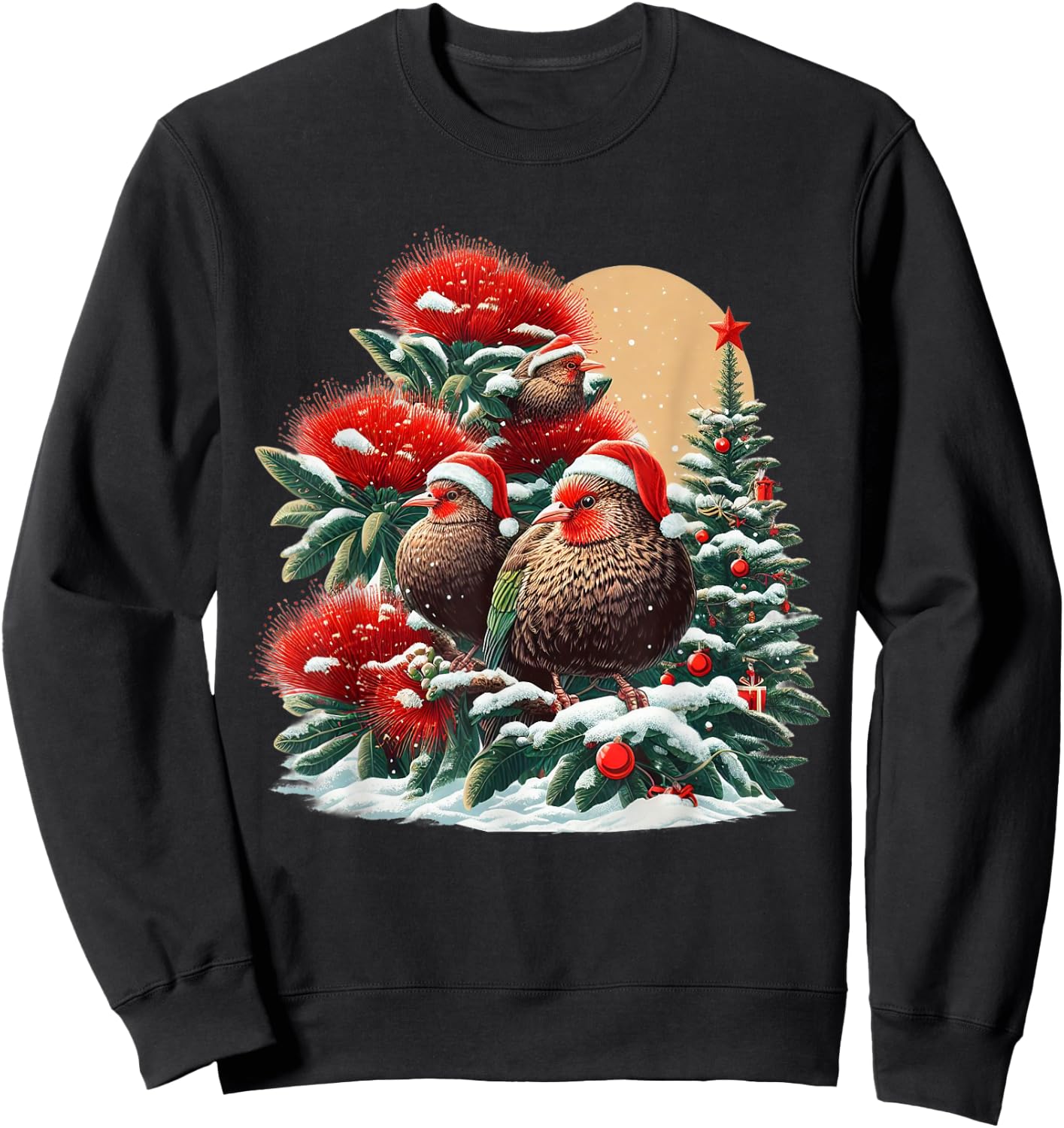 Christmas Pohutukawa Tree New Zealand Kiwi Birds Santa Hat Sweatshirt - Sweatshirt | Black