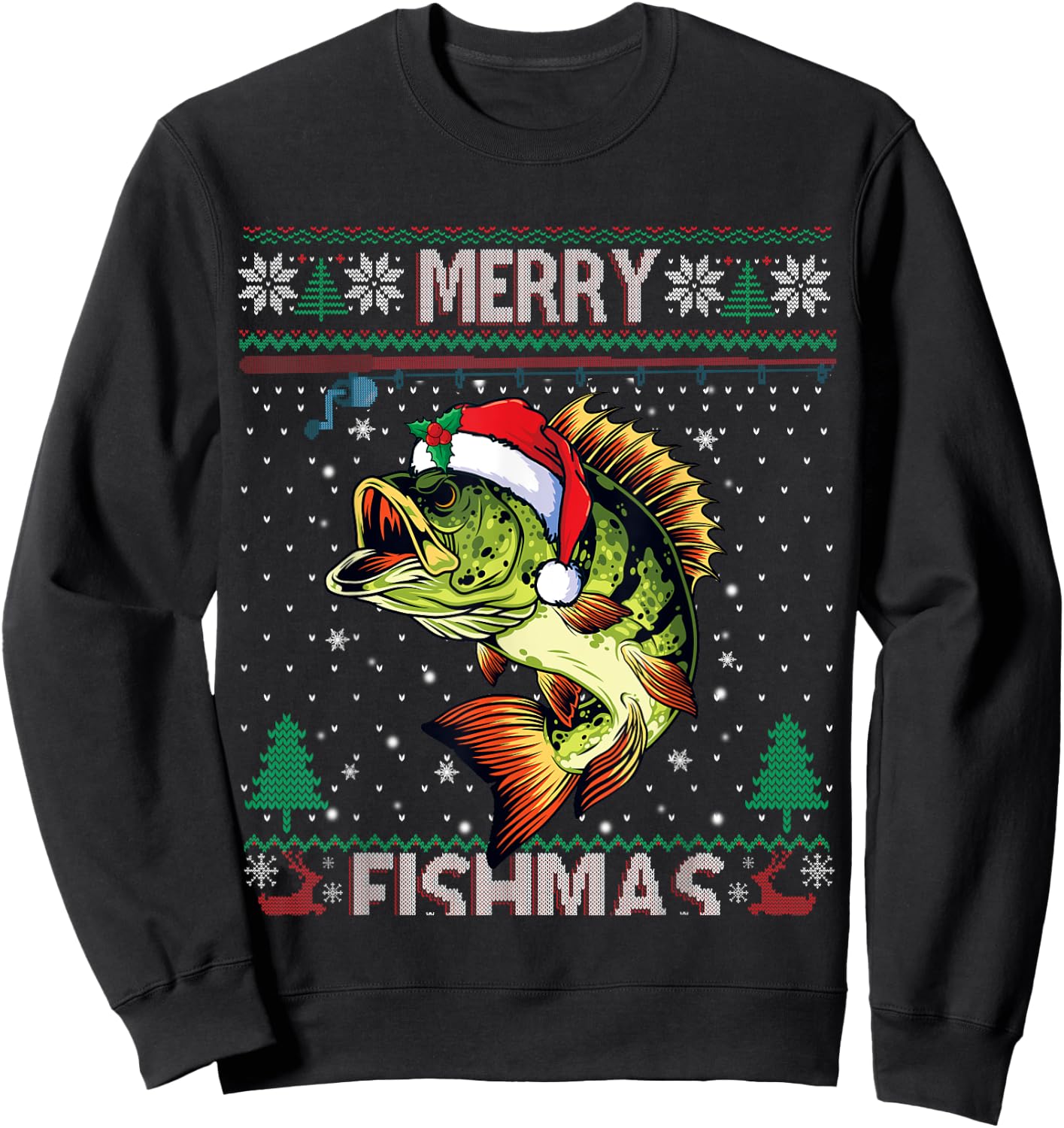 Merry Fishmas Bass Fish Fishing Christmas Ugly Sweater Xmas Sweatshirt - Sweatshirt | Black