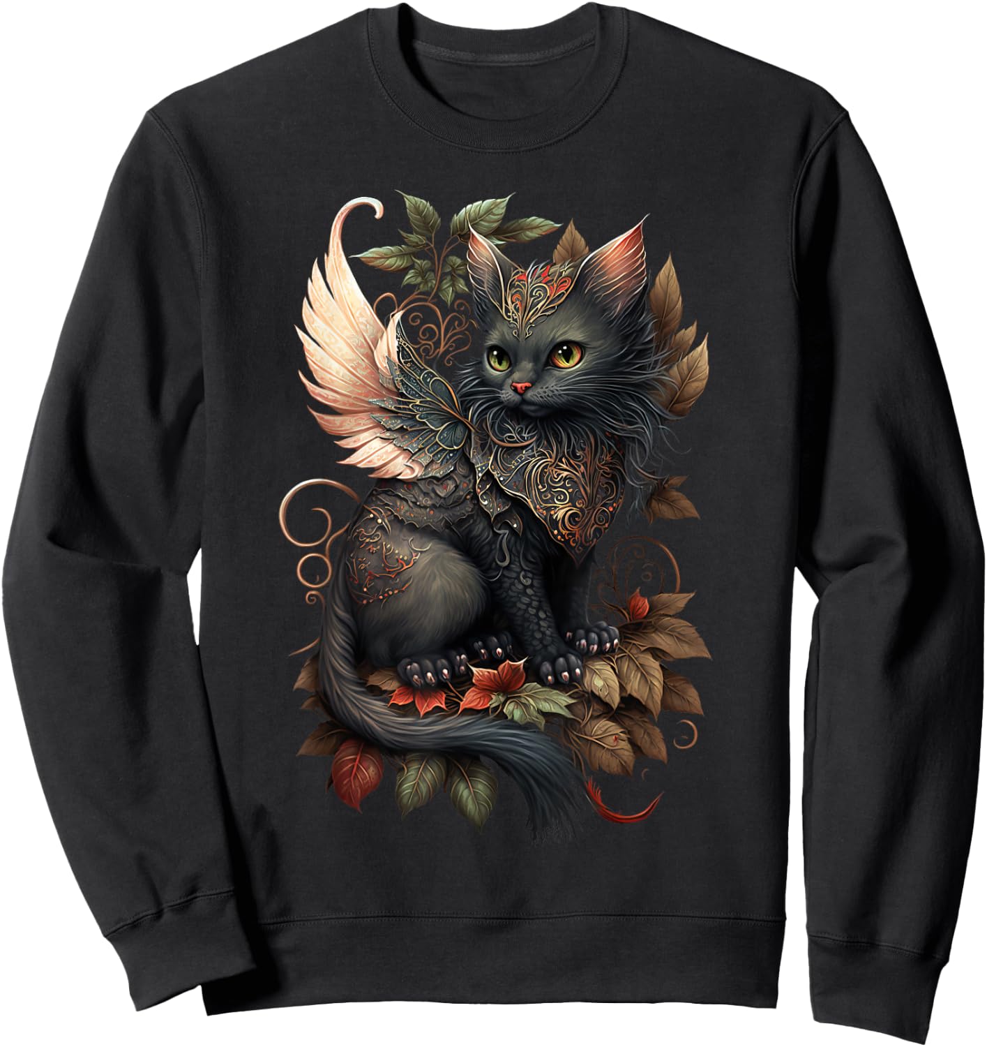 Mystical Black Cat Dragon Fairy: Copper Autumn Whimsy Men Women Girls Kids Sweatshirt - Sweatshirt | Black