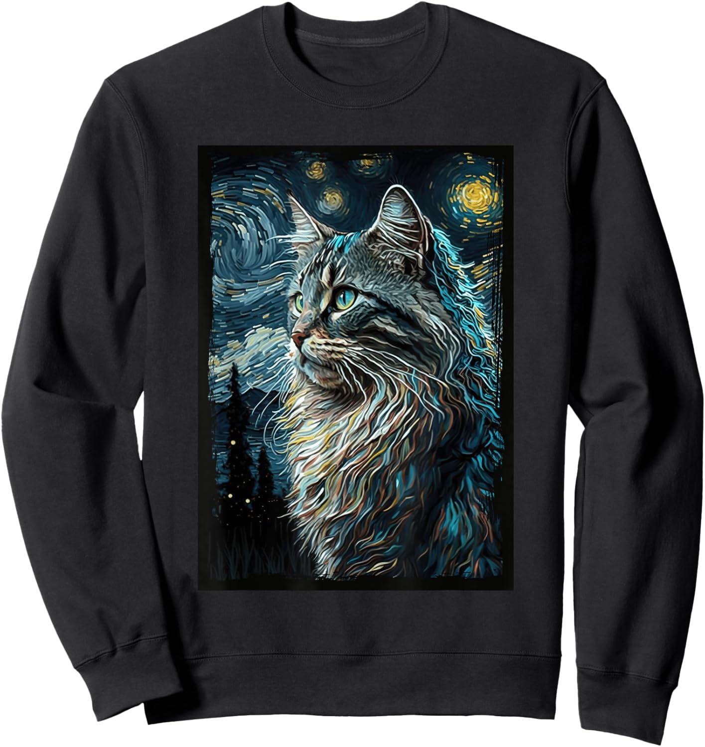 Maine Coon Cat Van Gogh's Starry Night Cat Lover Cat Mom Dad Sweatshirt - Sweatshirt | Black