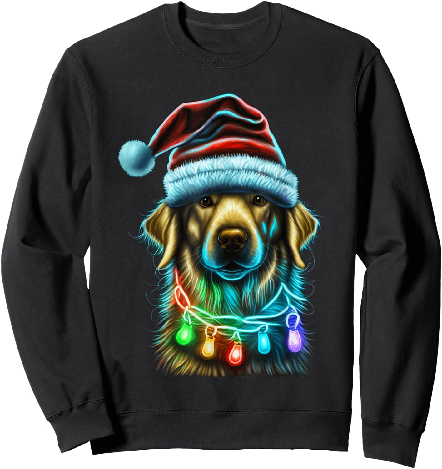 Golden Retriever Funny dog Christmas Santa Hat lights tree Men Women Kids Sweatshirt - Sweatshirt | Black