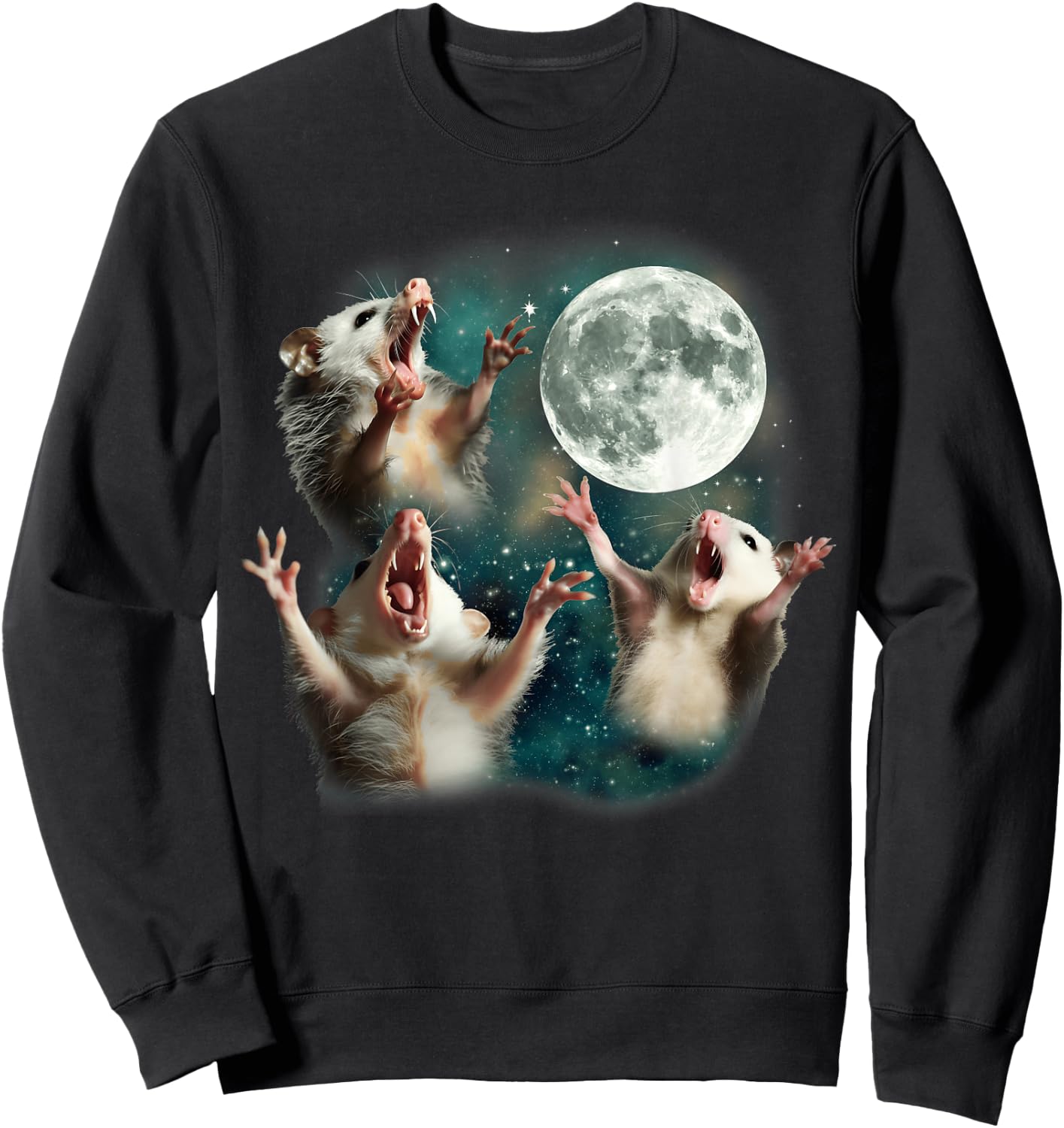 Three Possum Moon | 3 Opossum Funny Weird Cursed Meme Sweatshirt - Sweatshirt | Black