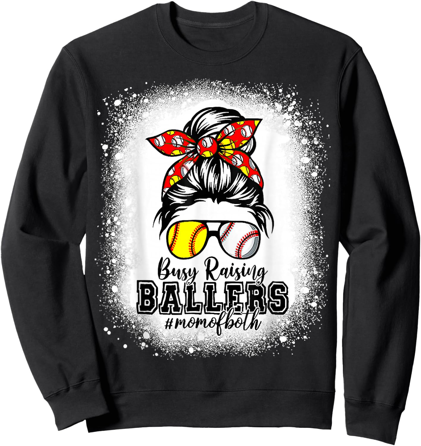 Messy Bun Mom Of Both Baseball Softball Busy Raising Ballers Sweatshirt - Sweatshirt | Black