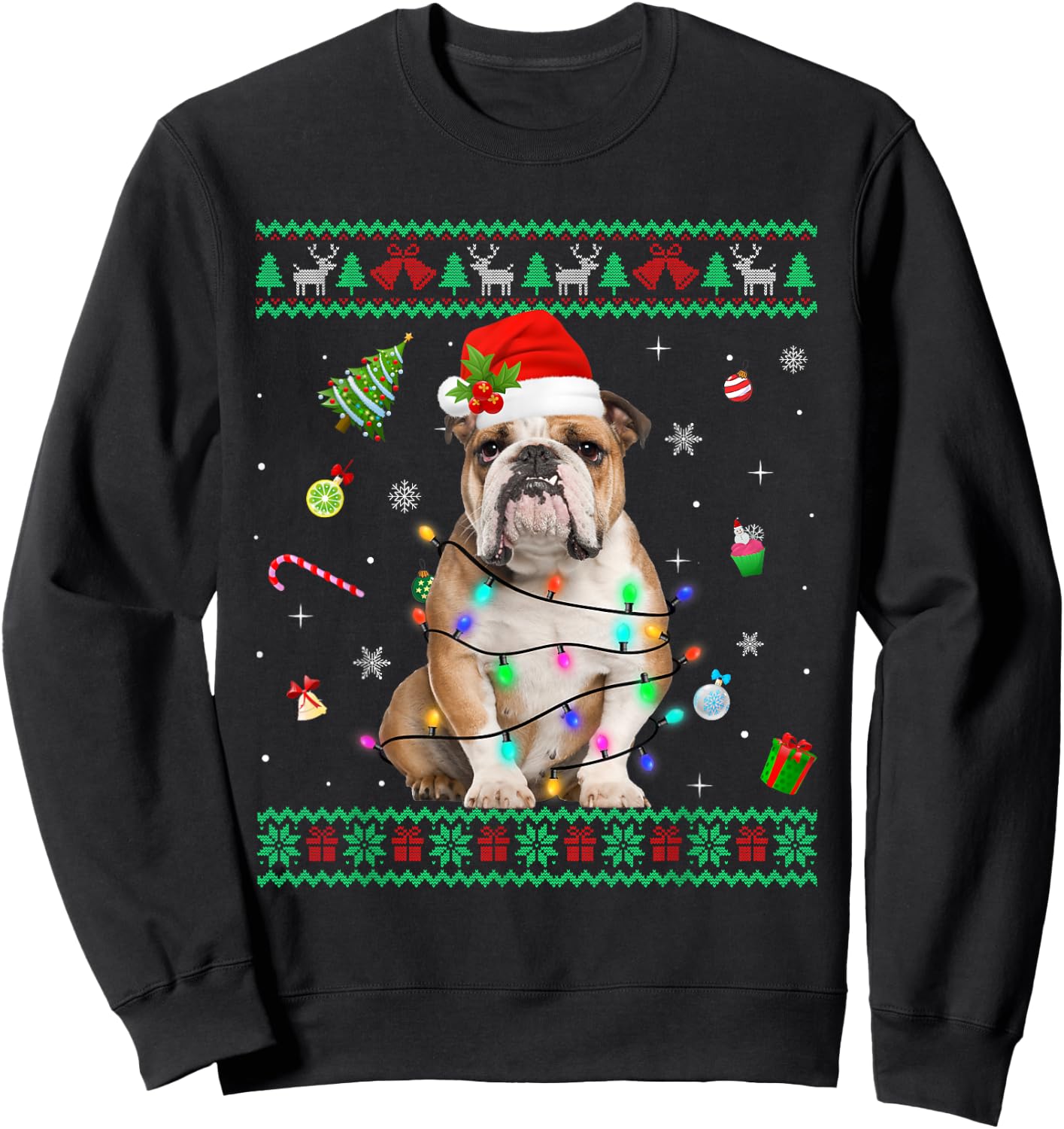 Ugly Sweater English Bulldog Dog Christmas Lights Santa Hat Women Kids Sweatshirt - Sweatshirt | Black