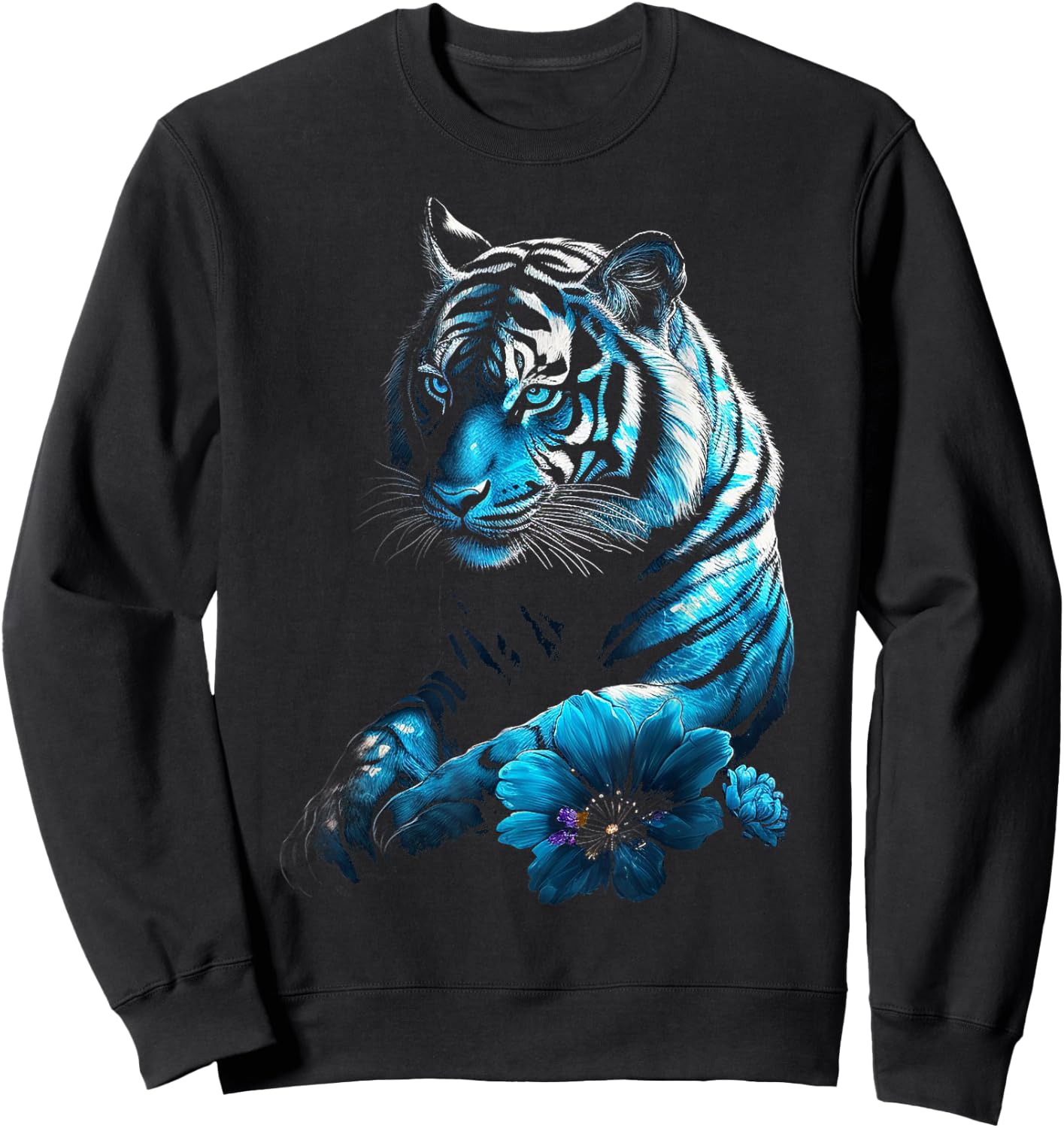 Tiger Lover Artwork | Flower Animal Motif Tiger Sweatshirt - Sweatshirt | Black