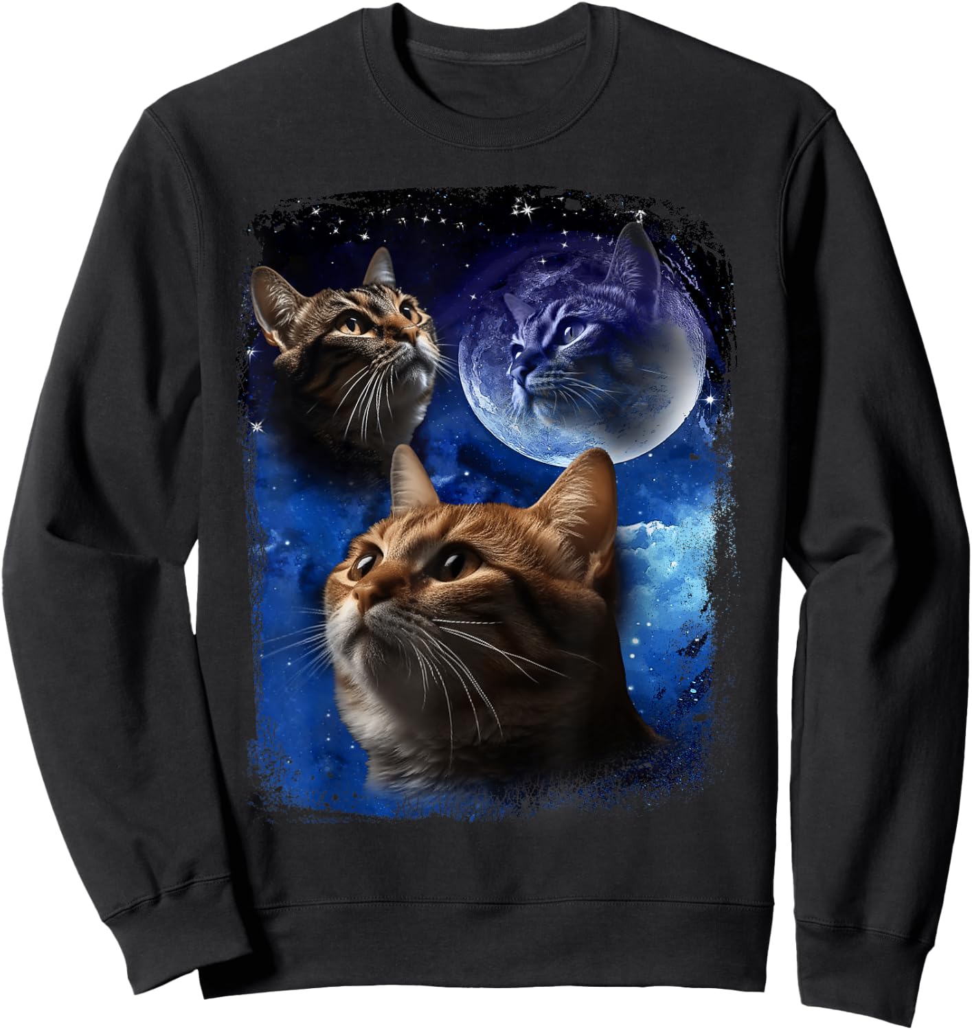 Three Cats Howl at Moon Funny Vintage Cat Howling wolf meme Men Women Sweatshirt - Sweatshirt | Black