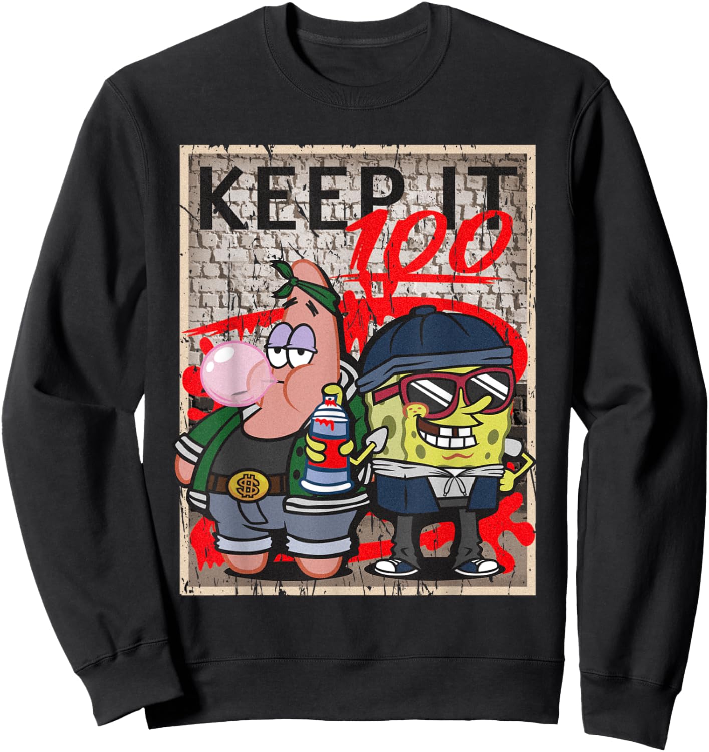 Mademark x SpongeBob SquarePants - SpongeBob and Patrick Keep it 100 Hip Hop Rap Graffiti Cool Sweatshirt - Sweatshirt | Black