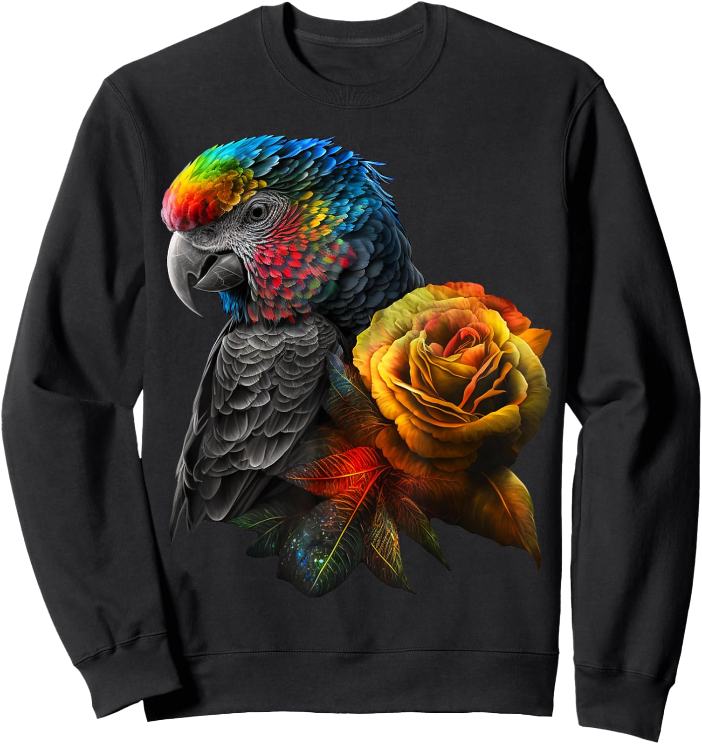 Parrot Bird Colourful Art Animal Flowers Sweatshirt - Sweatshirt | Black