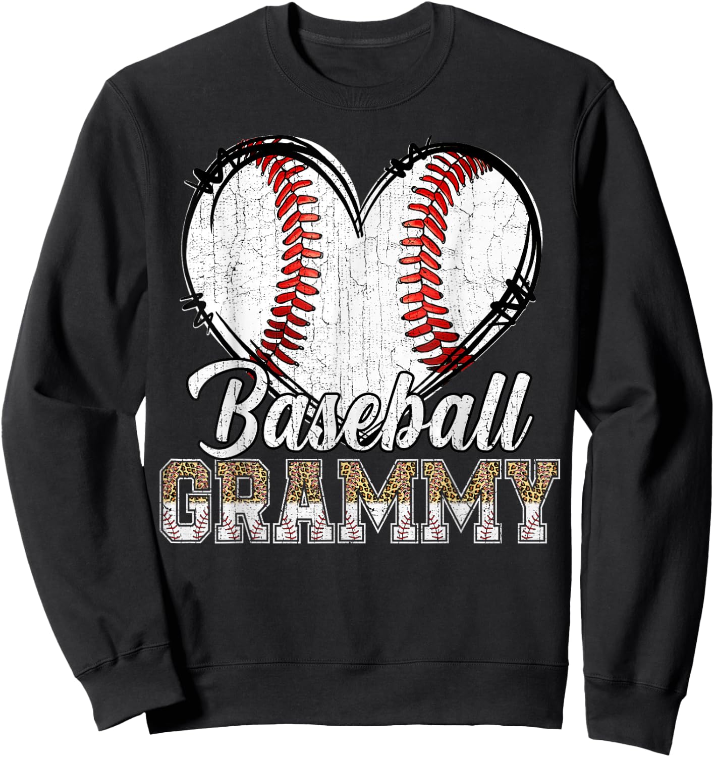 Softball Baseball Grammy Heart Leopard Print Mother's Day Sweatshirt - Sweatshirt | Black